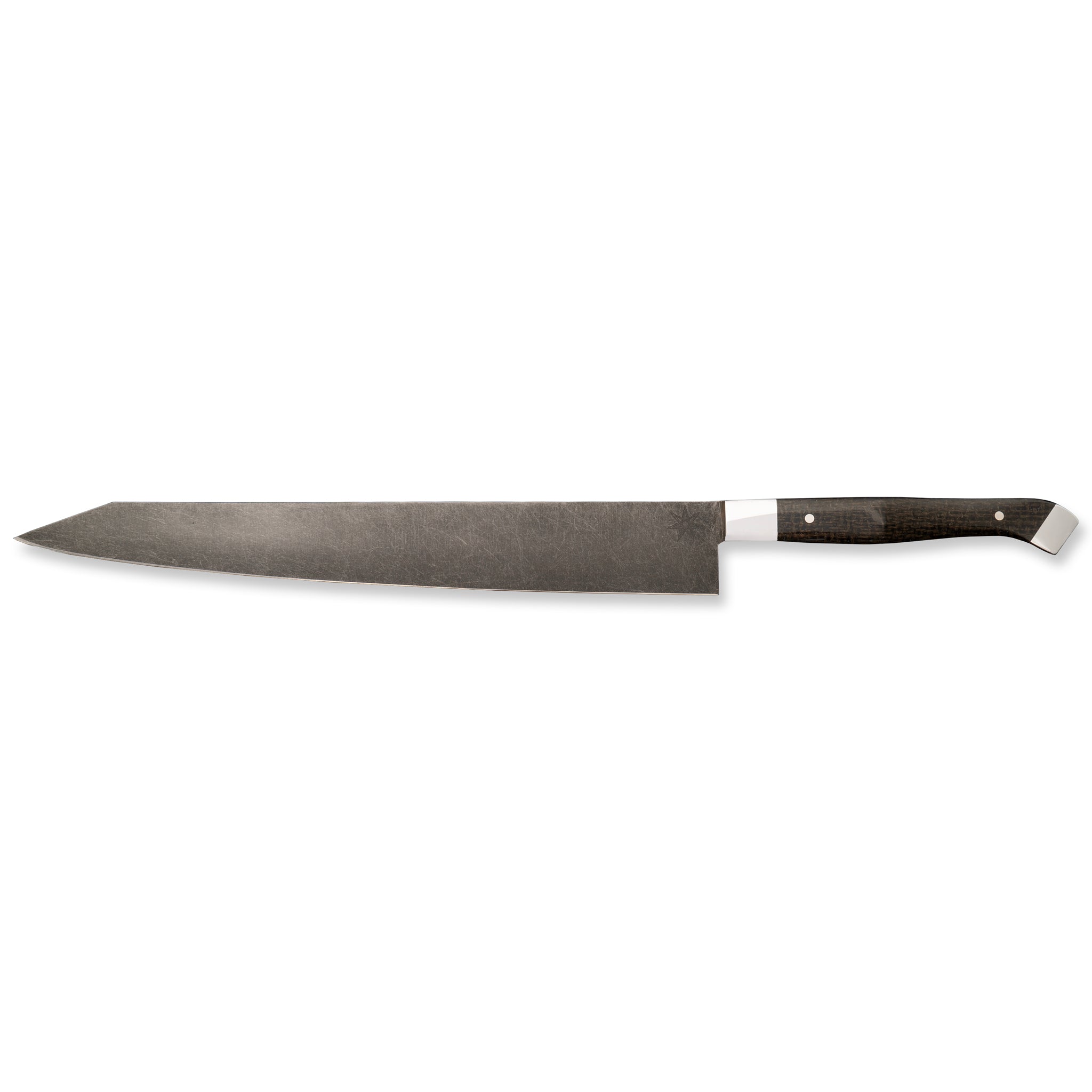 10" Carbon Steel Slicer Carving Knife with Stonewash Finish Blade, Black Burlap Micarta Handle, Stainless Steel Bolster and Pommel by Town Cutler