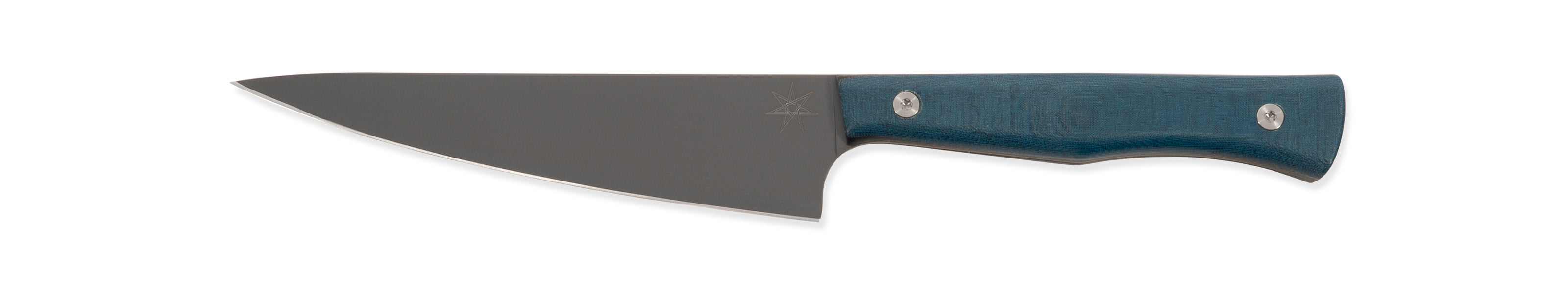 Kitchen utility knife with a blue handle on a white background