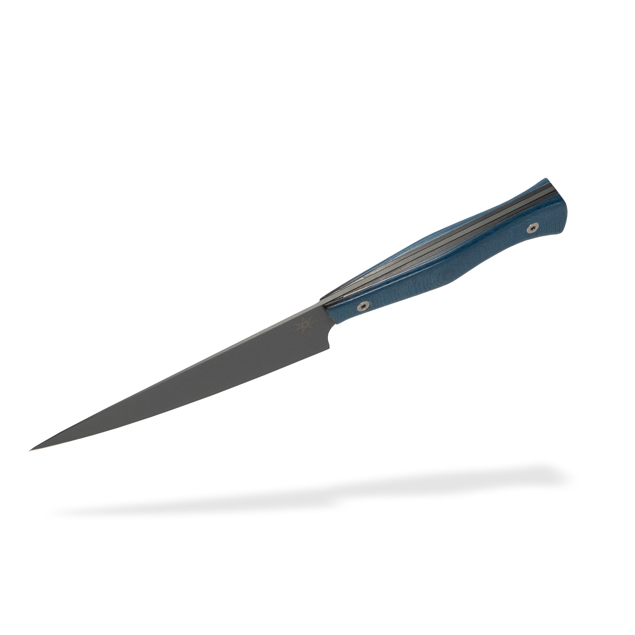 Utility kitchen knife with a blue handle on a white background