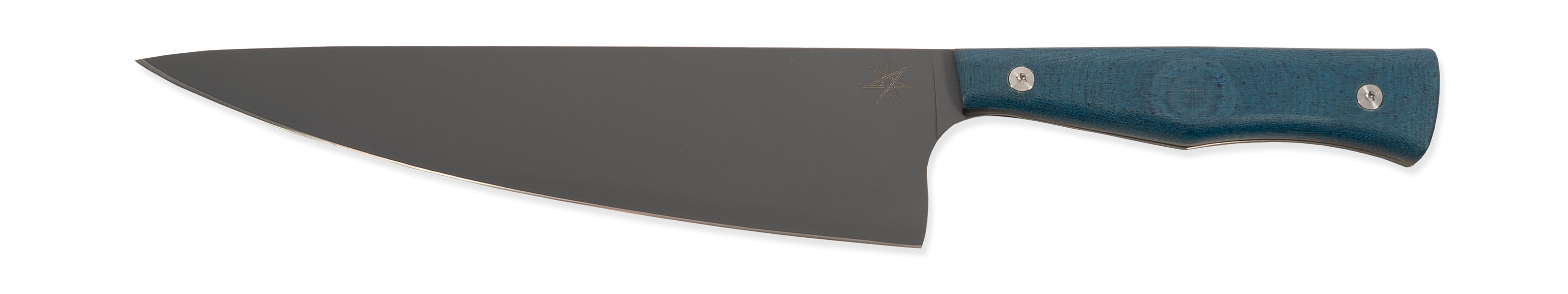 Kitchen chef knife with a blue handle on a white background