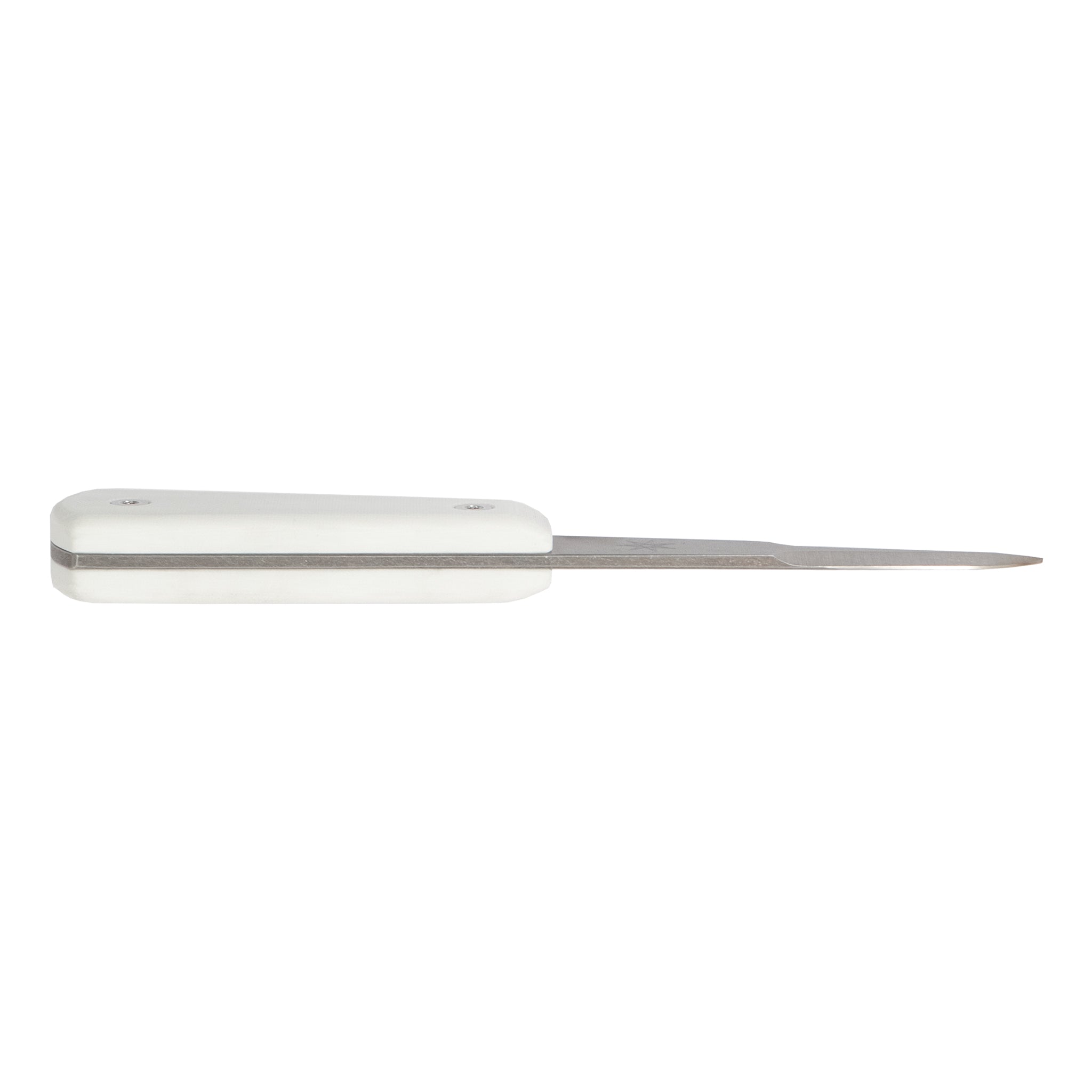 Side detail view of stainless steel oyster shucker knife with white g-10 handle.