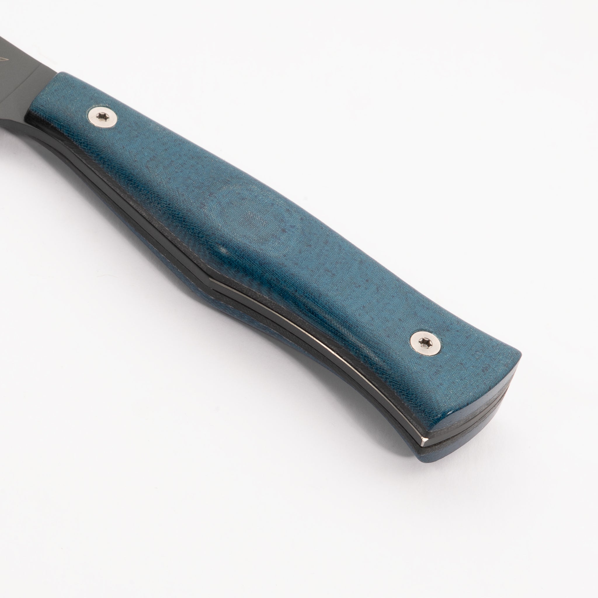 Close-up of a knife with a blue handle on a white background