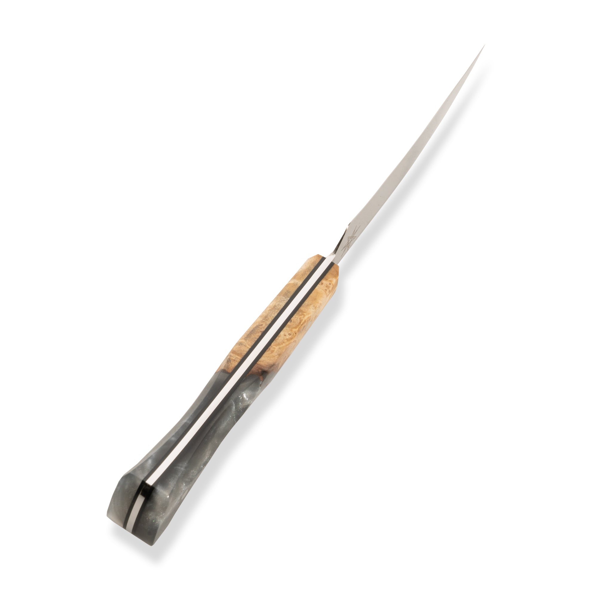Detail photo of Town Cutler Bird's Beak knife with silvery resin and wood handle