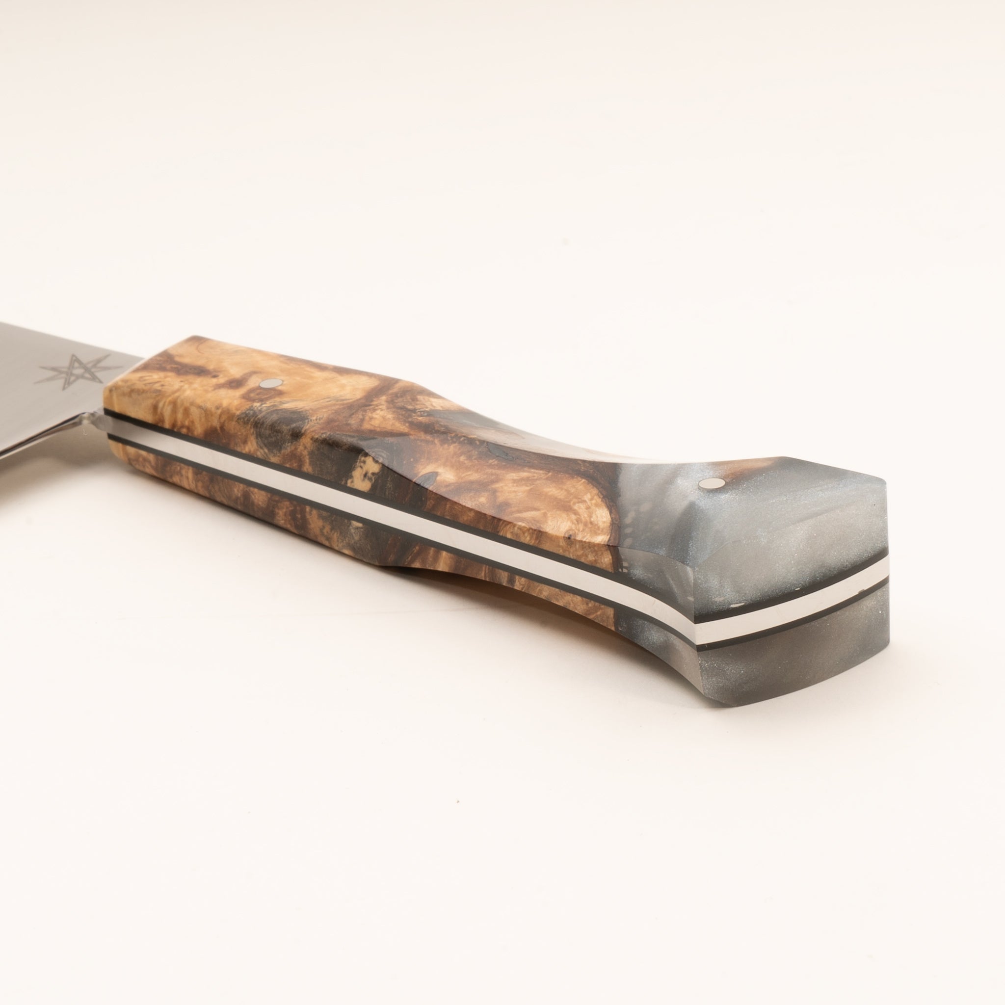 Detail photo of Town Cutler 10" chef knife with silvery resin and wood handle