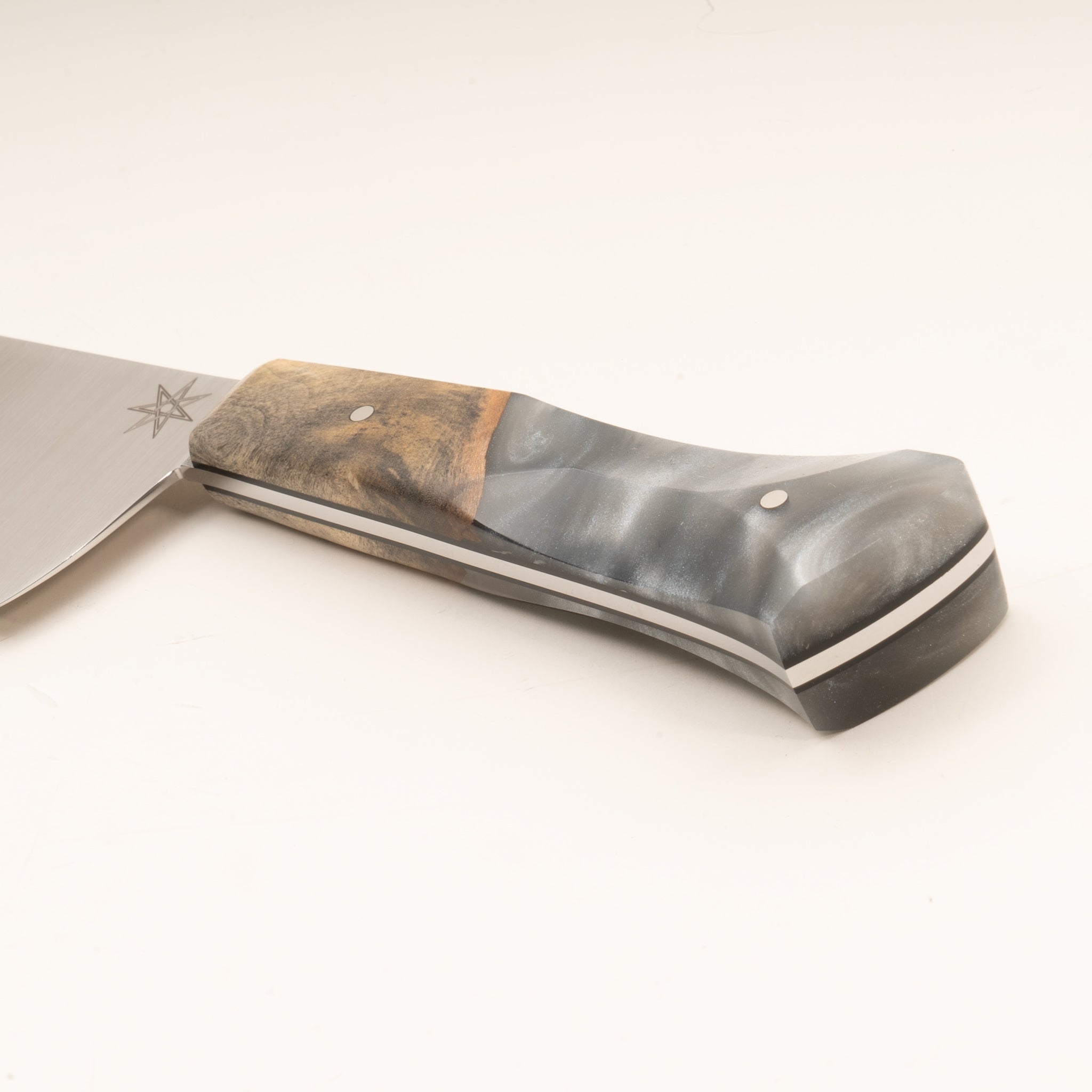 Detail photo of Town Cutler 7" chef knife with silvery resin and wood handle
