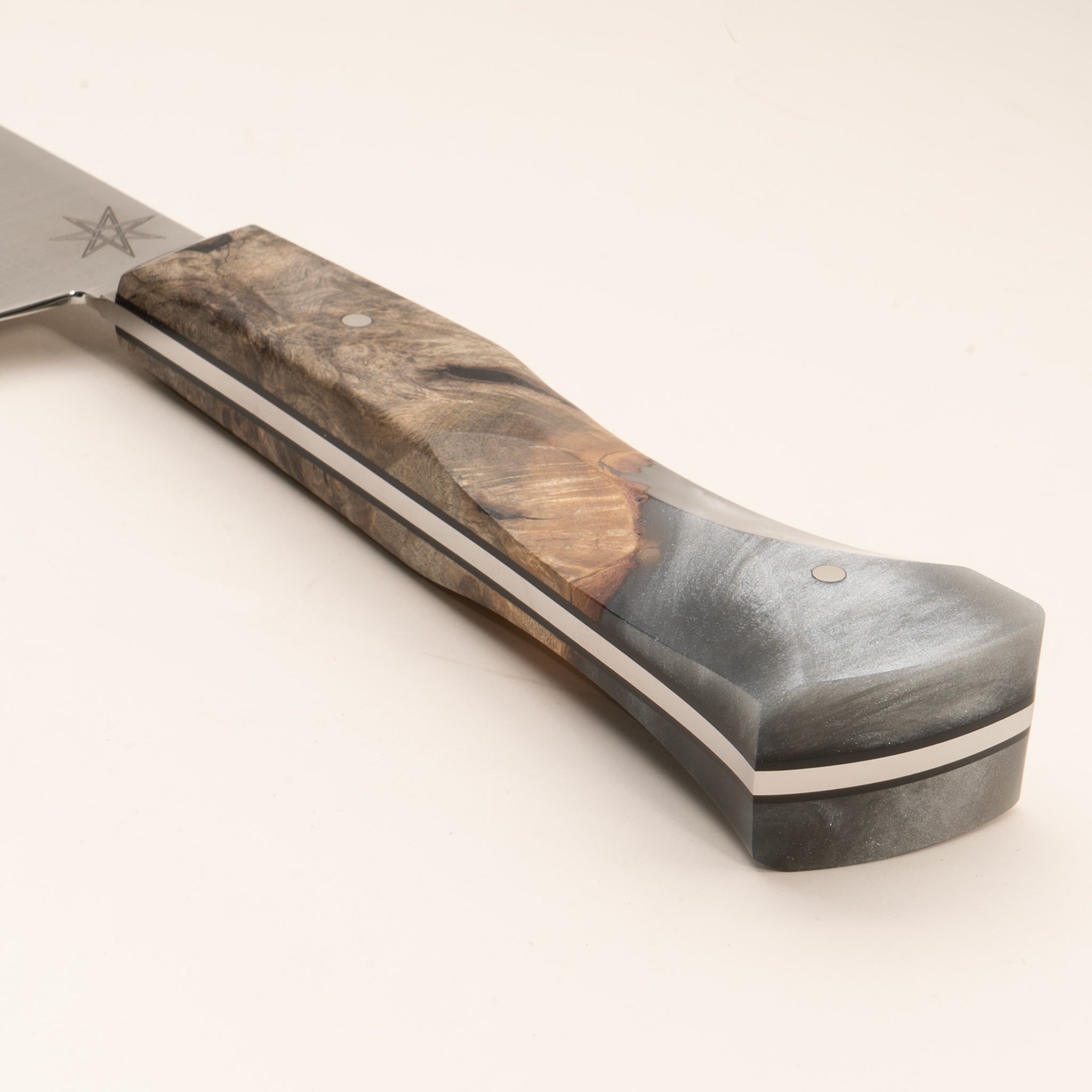 Detail photo of Town Cutler scimitar butcher knife with silvery resin and wood handle