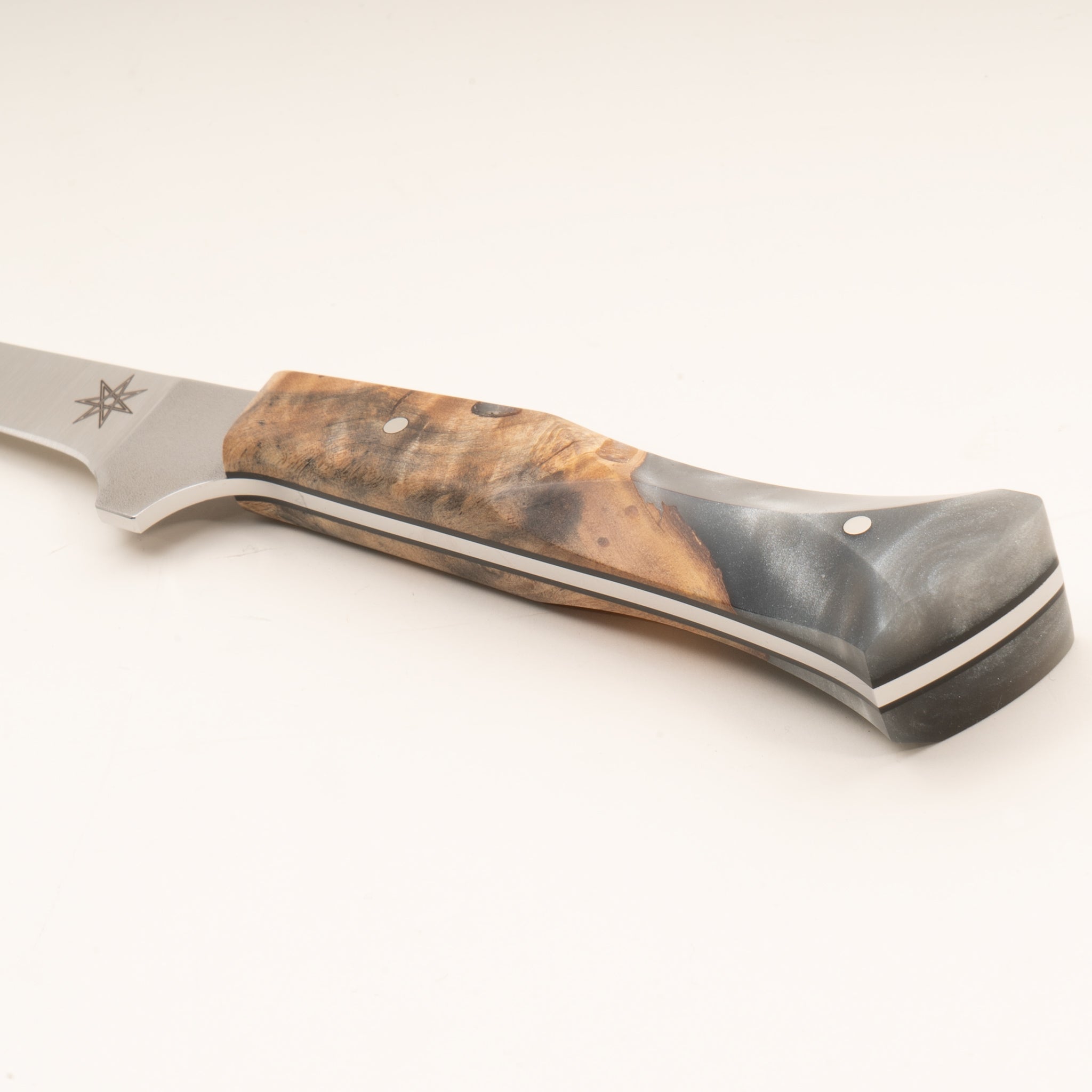 Detail photo of Town Cutler straight boning knife with silvery resin and wood handle
