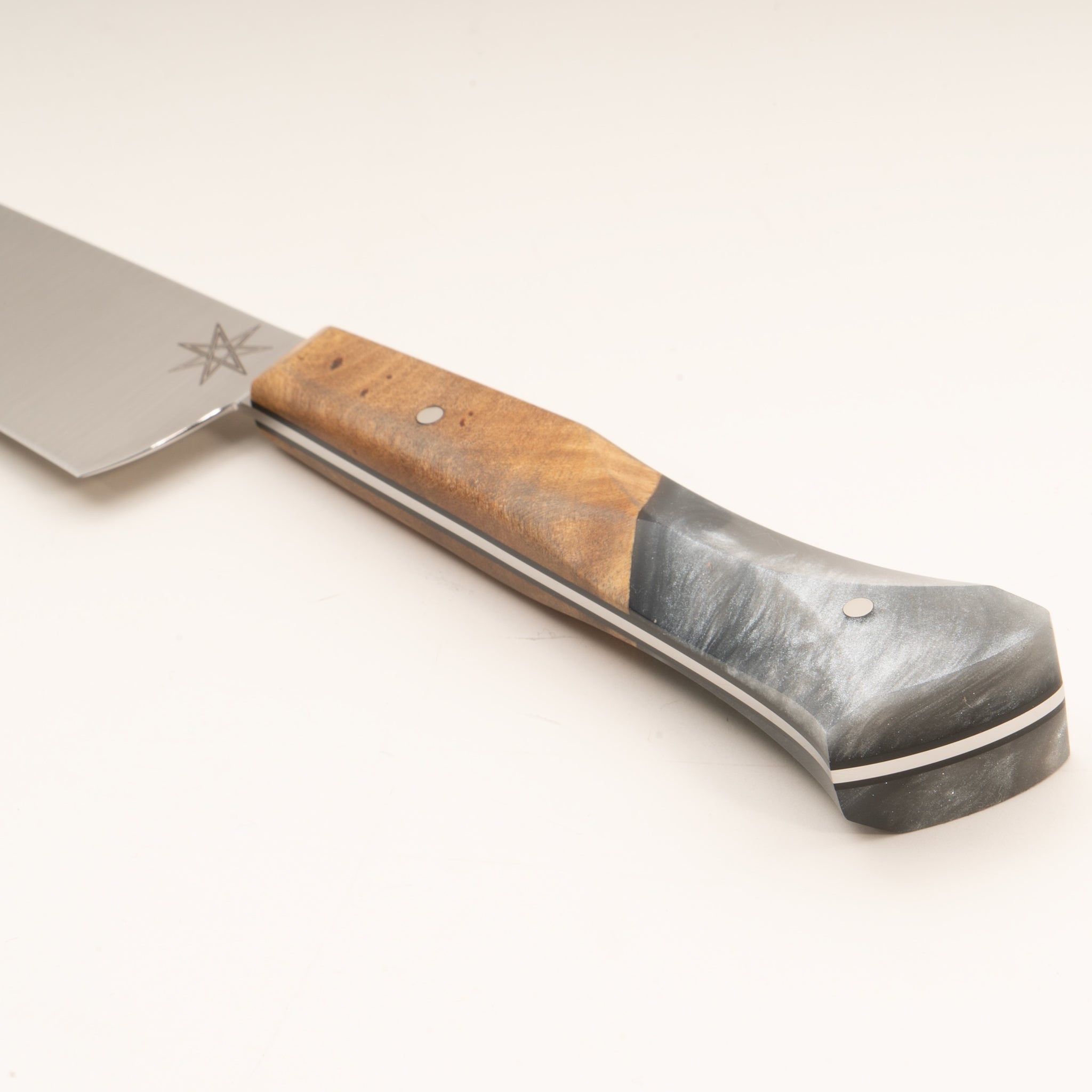 Detail photo of Town Cutler utility petty knife with silvery resin and wood handle