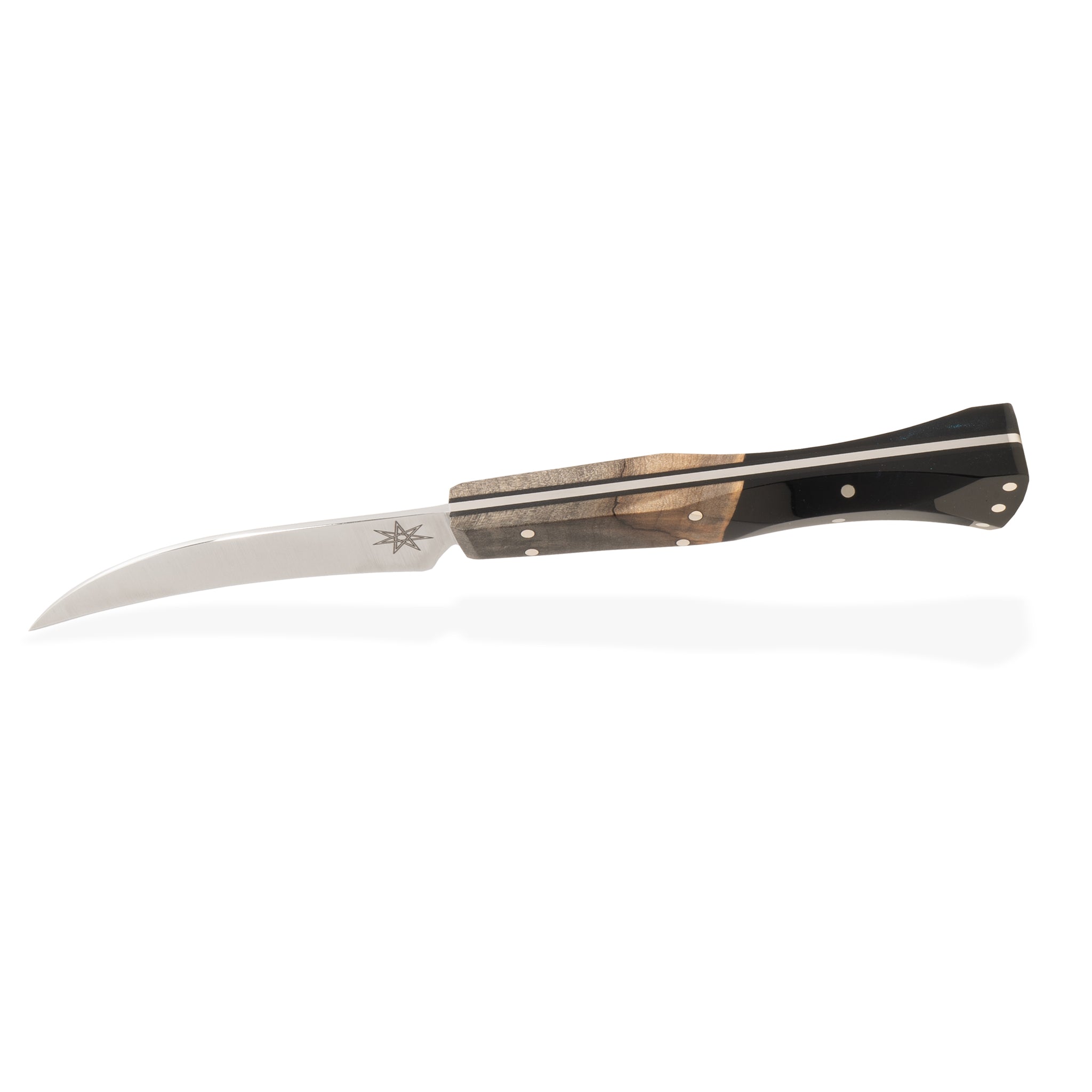 Detail photo of a kitchen bird's beak knife with wood and black resin handle on a white background.