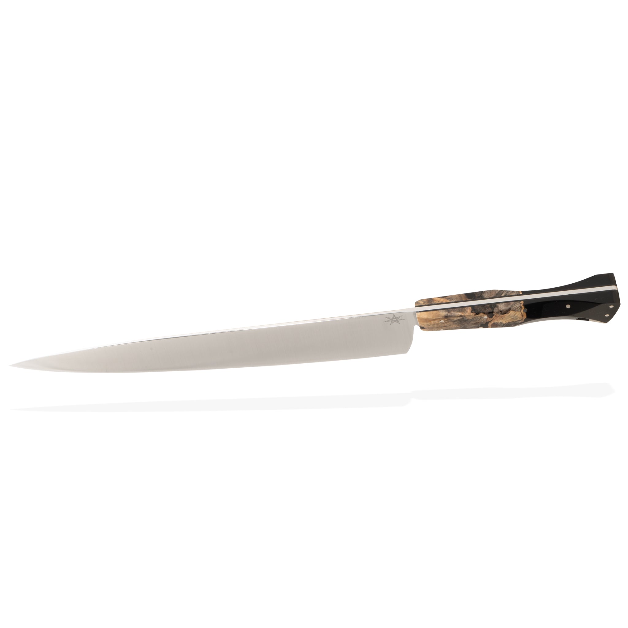 Detail photo of a kitchen chef knife with wood and black resin handle on a white background.