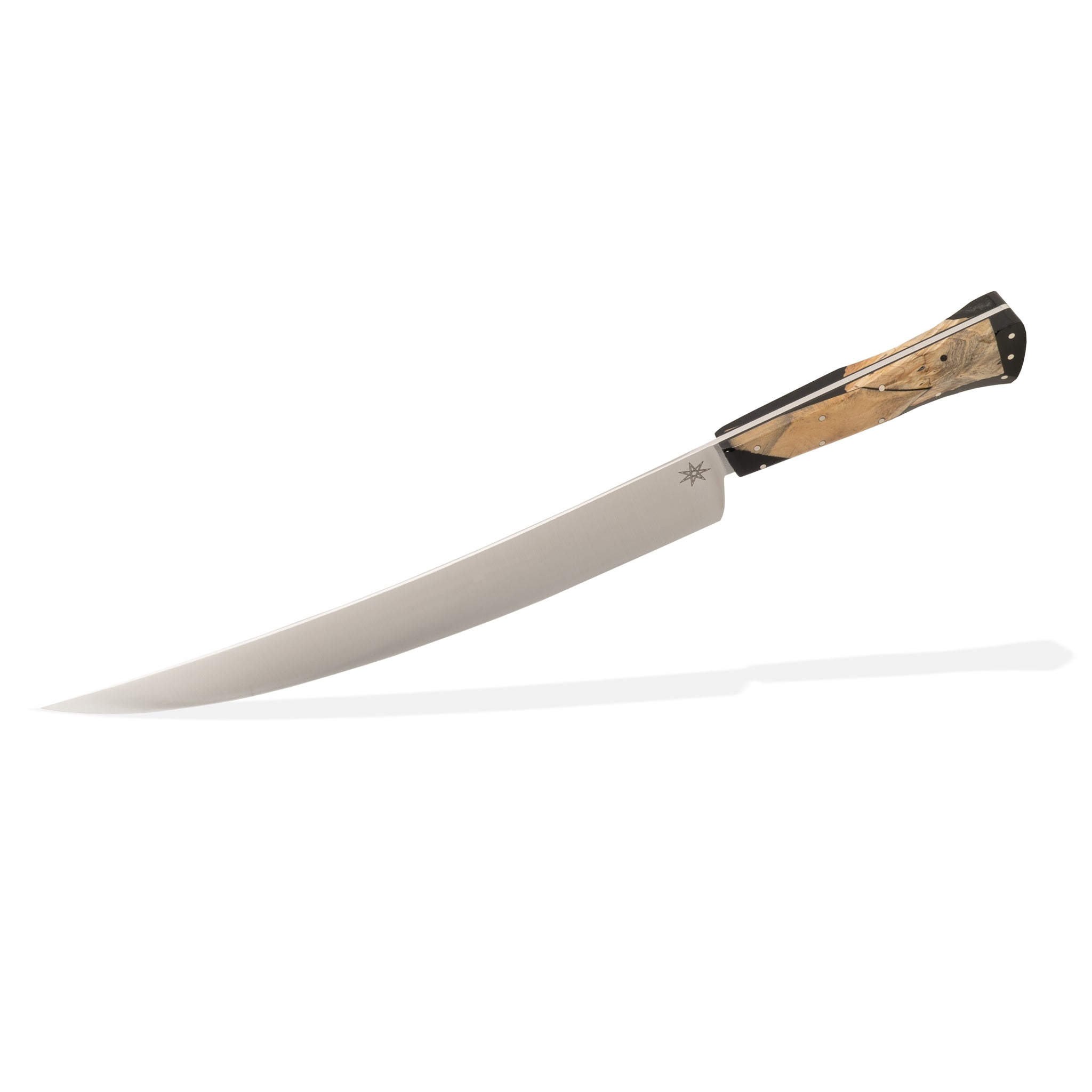 Detail photo of a scimitar butcher knife with wood and resin handle on a white background.