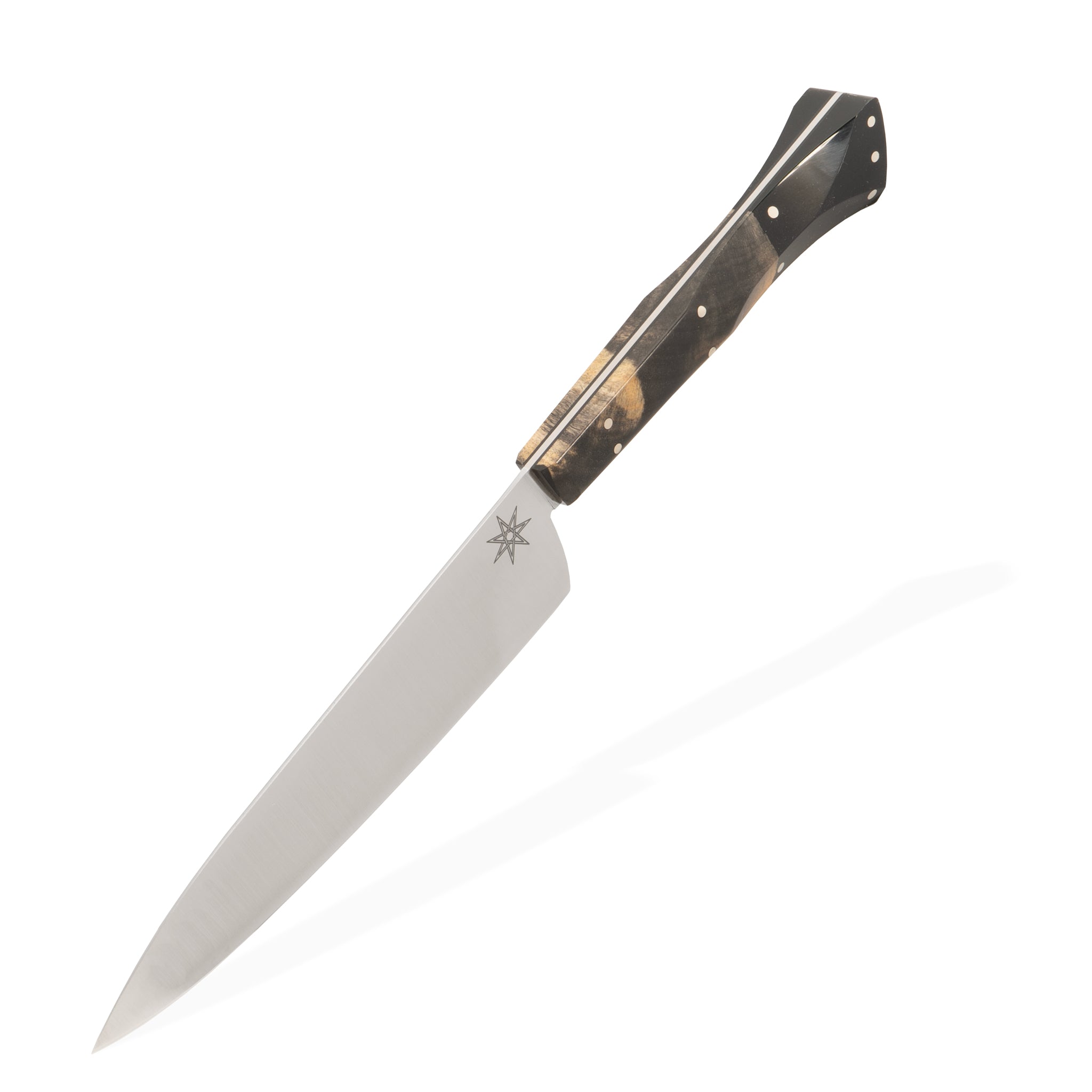 Detail photo of a kitchen utility knife with wood and black resin handle on a white background.