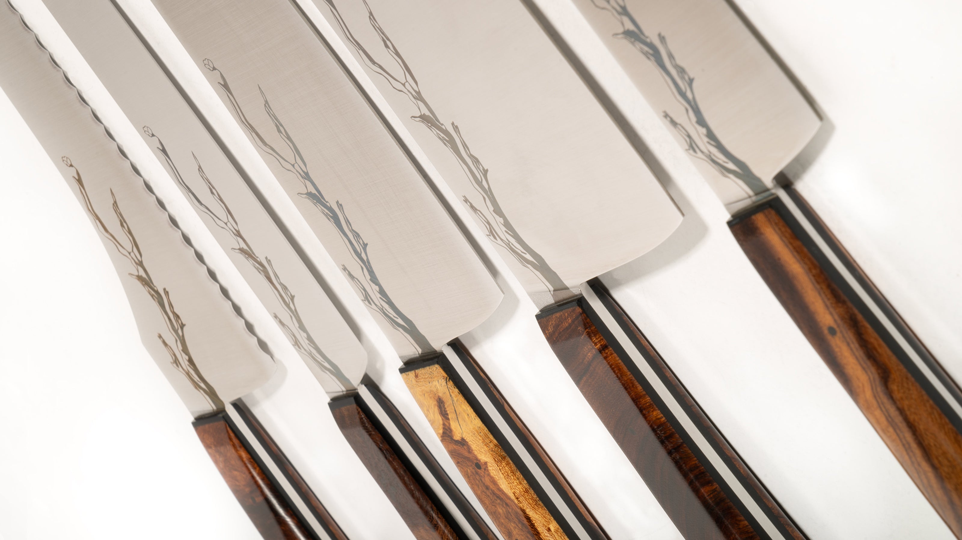 Close-up detail photo of Town Cutler Olneya Kitchen Knives with engraving of Desert Ironwood tree branch.