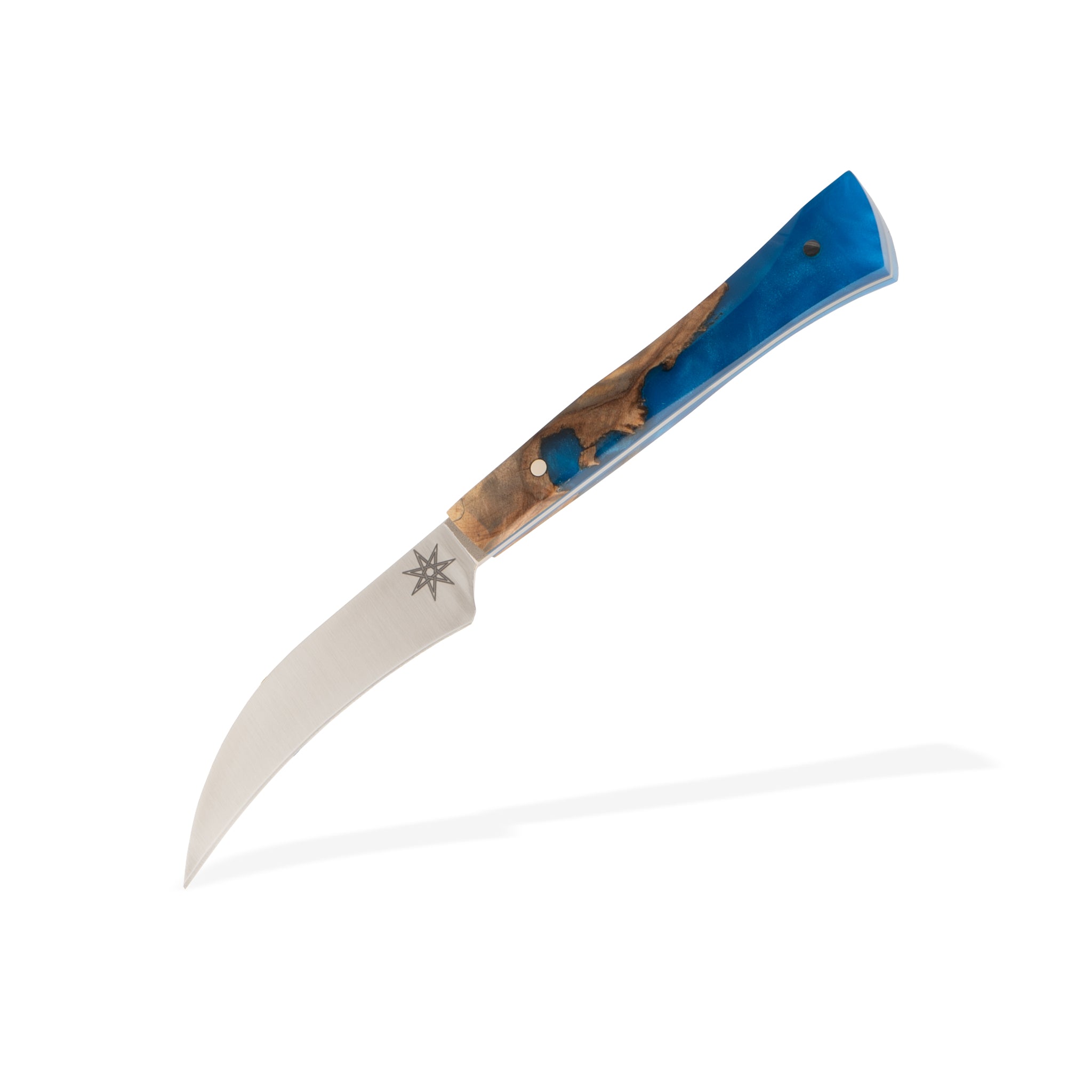 Detail photo of Tahoe Bliss stainless steel bird's beak knife with buckeye burl wood and blue resin handle by Town Cutler.