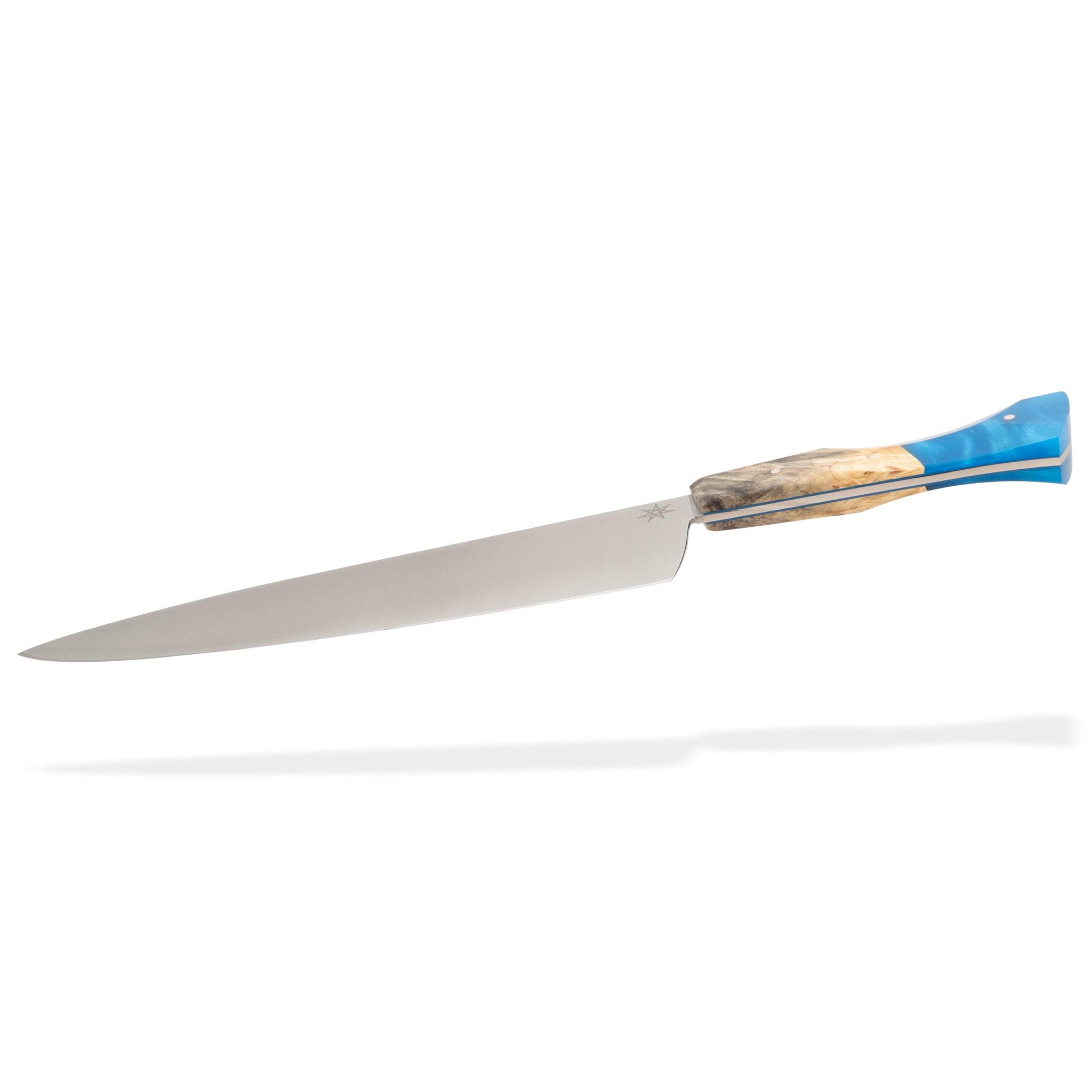 Detail photo of Tahoe Bliss stainless steel chef knife with buckeye burl wood and blue resin handle by Town Cutler.