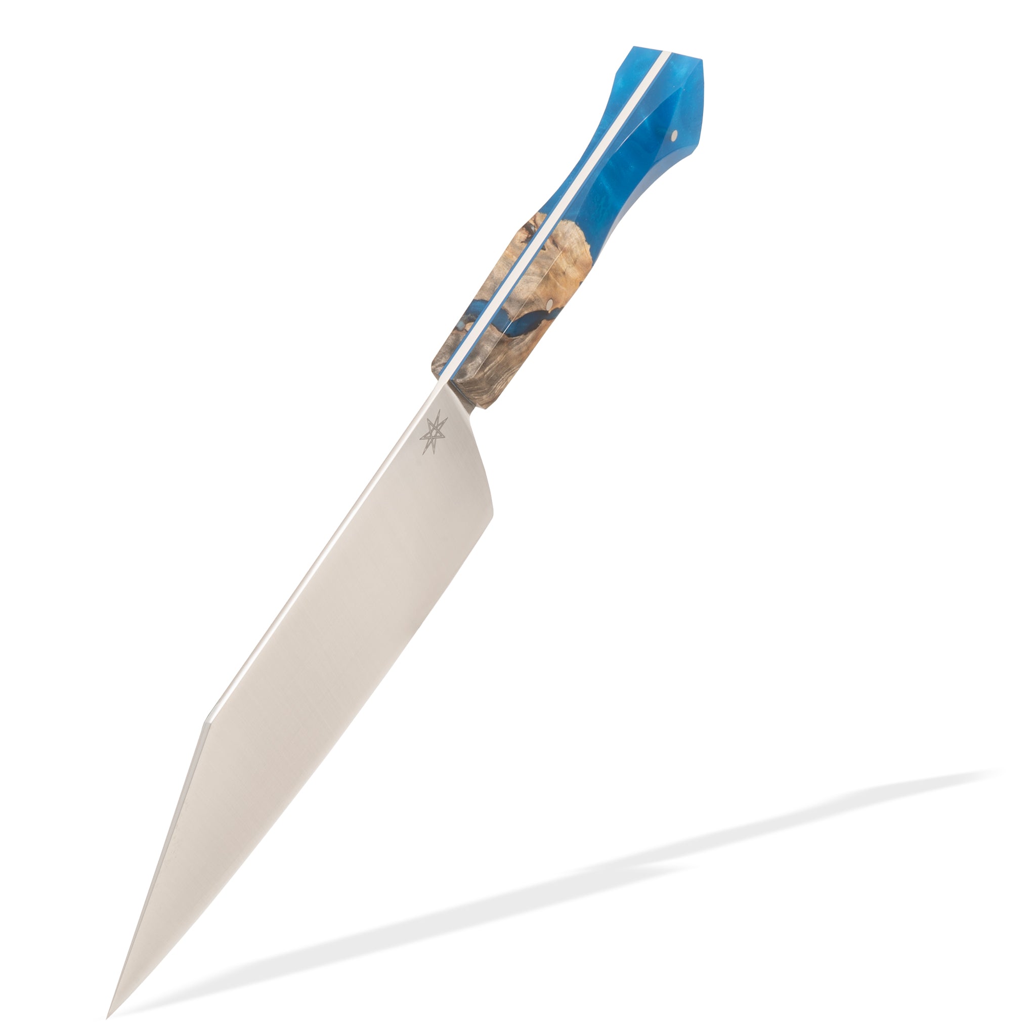 Detail photo of Tahoe Bliss stainless steel kitchen chopper knife with buckeye burl wood and blue resin handle by Town Cutler.