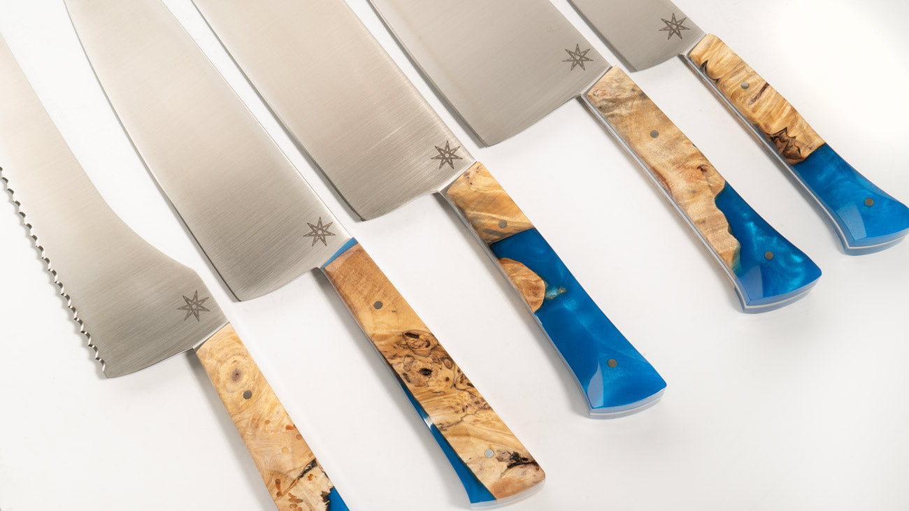 Detail photo of multiple Town Cutler Tahoe Bliss Chef Knives.