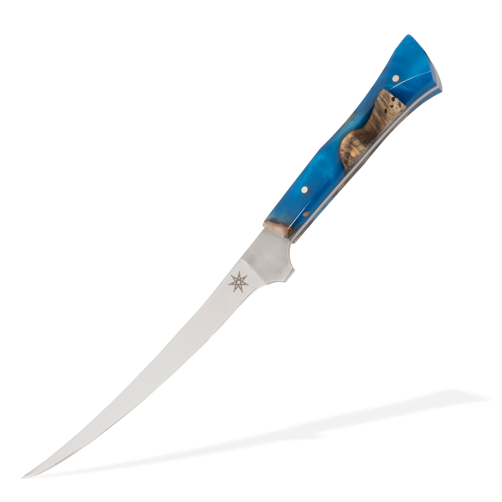 Detail photo of a curved boning knife with a blue resin and wood handle on a white background.