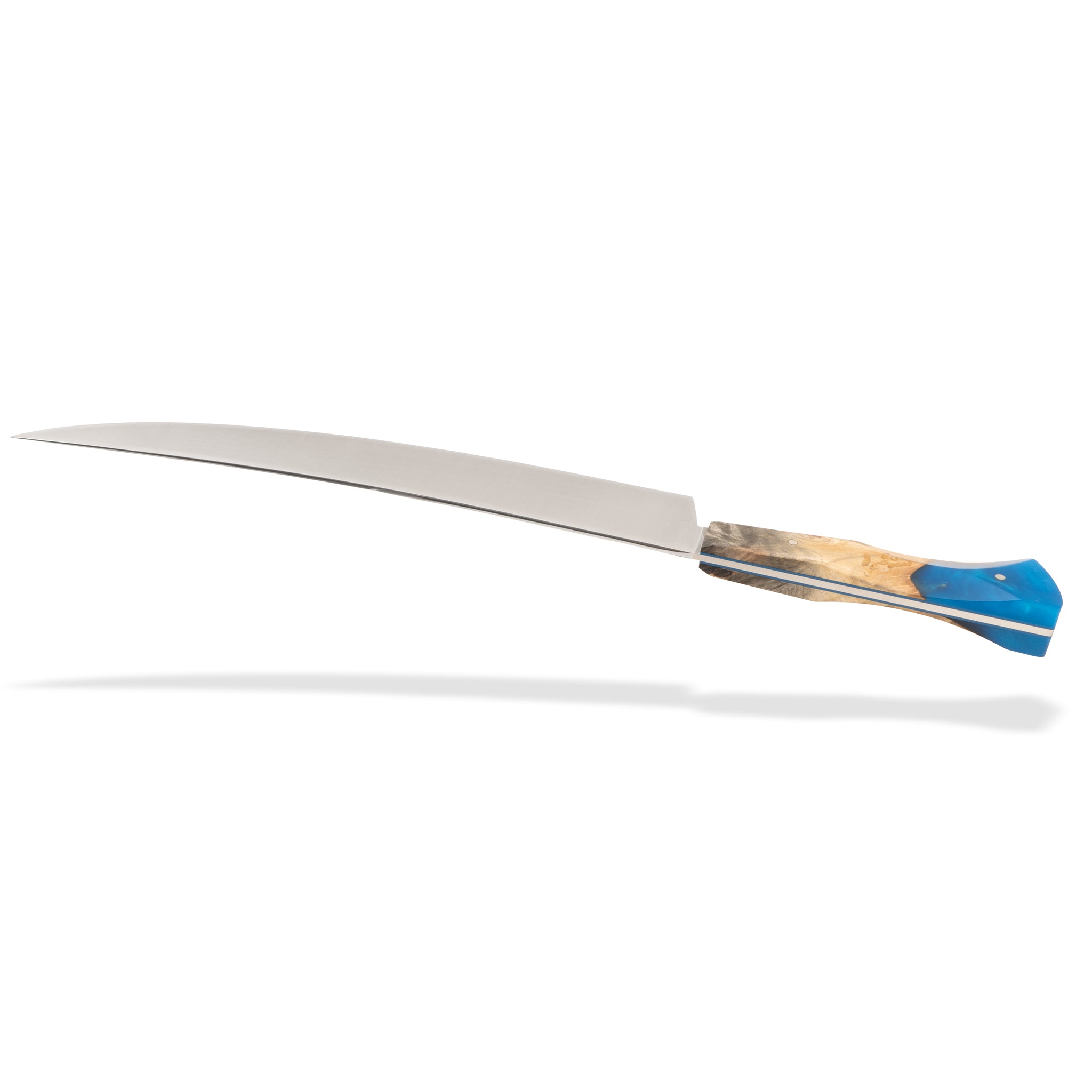 Detail photo of Tahoe Bliss stainless steel scimitar butcher knife with buckeye burl wood and blue resin handle by Town Cutler.