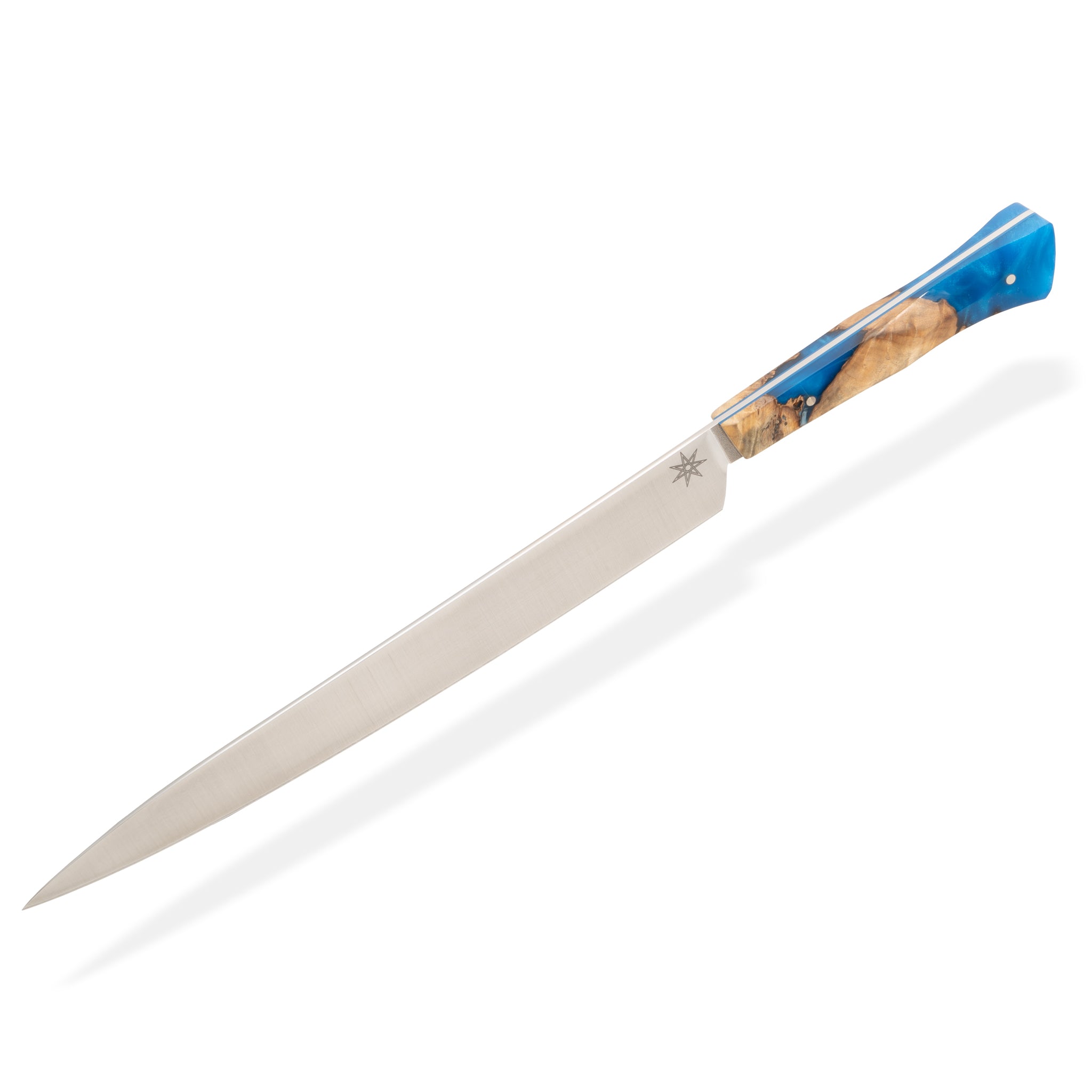 Detail photo of Tahoe Bliss stainless steel slicer carving knife with buckeye burl wood and blue resin handle by Town Cutler.