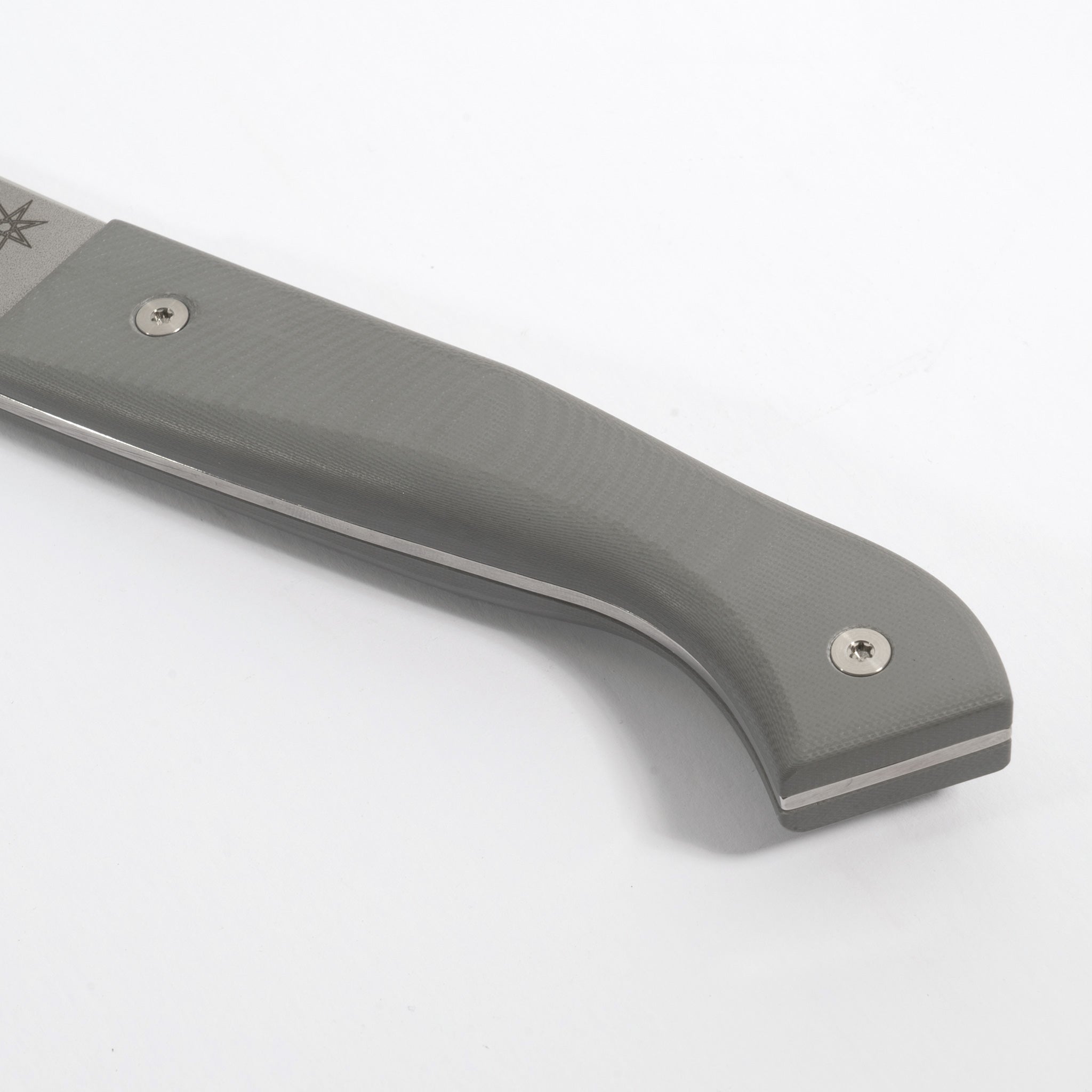 Detail photo of Town Cutler kitchen hankotsu knife with gray g-10 handle.