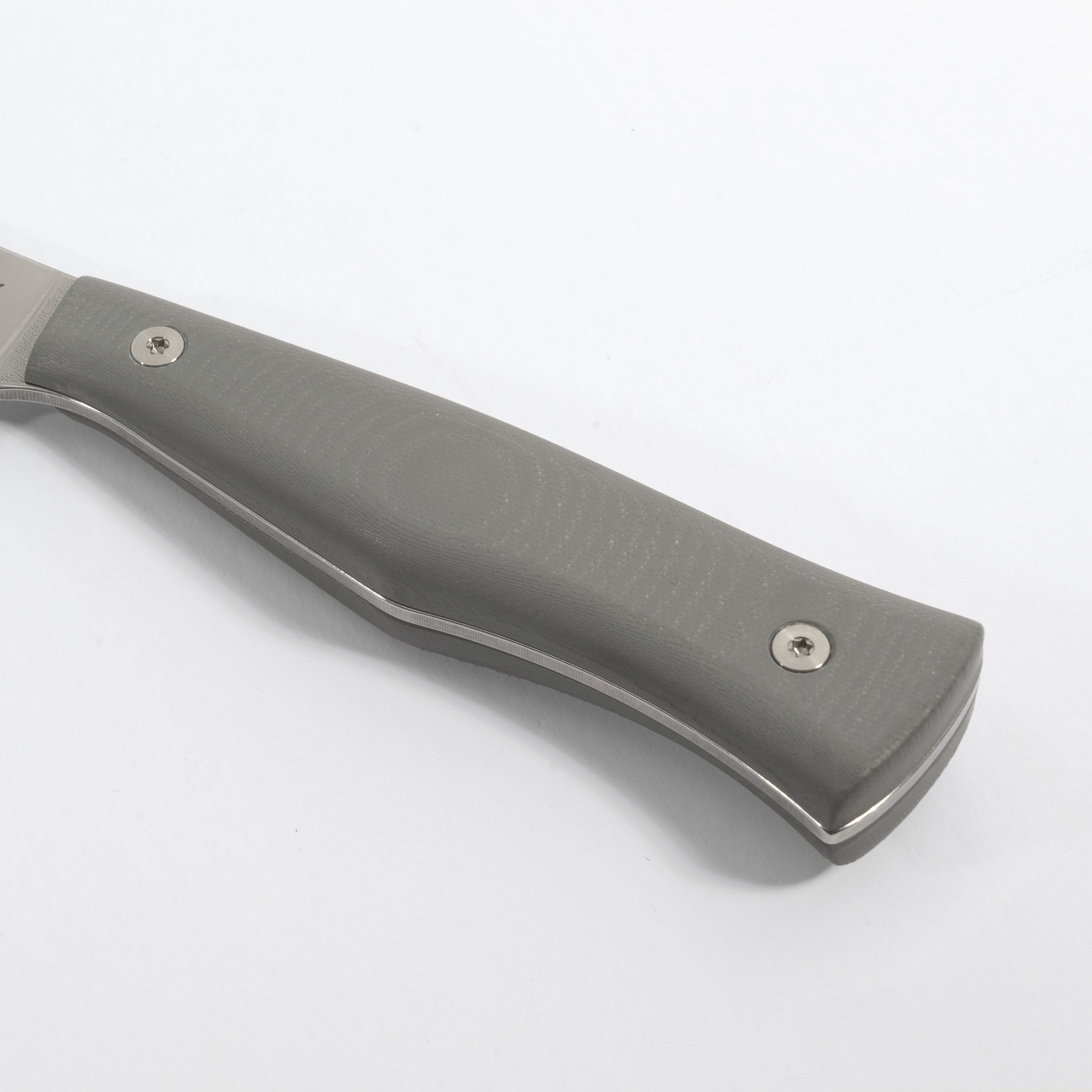 Detail photo of Town Cutler kitchen knife with gray g-10 handle.