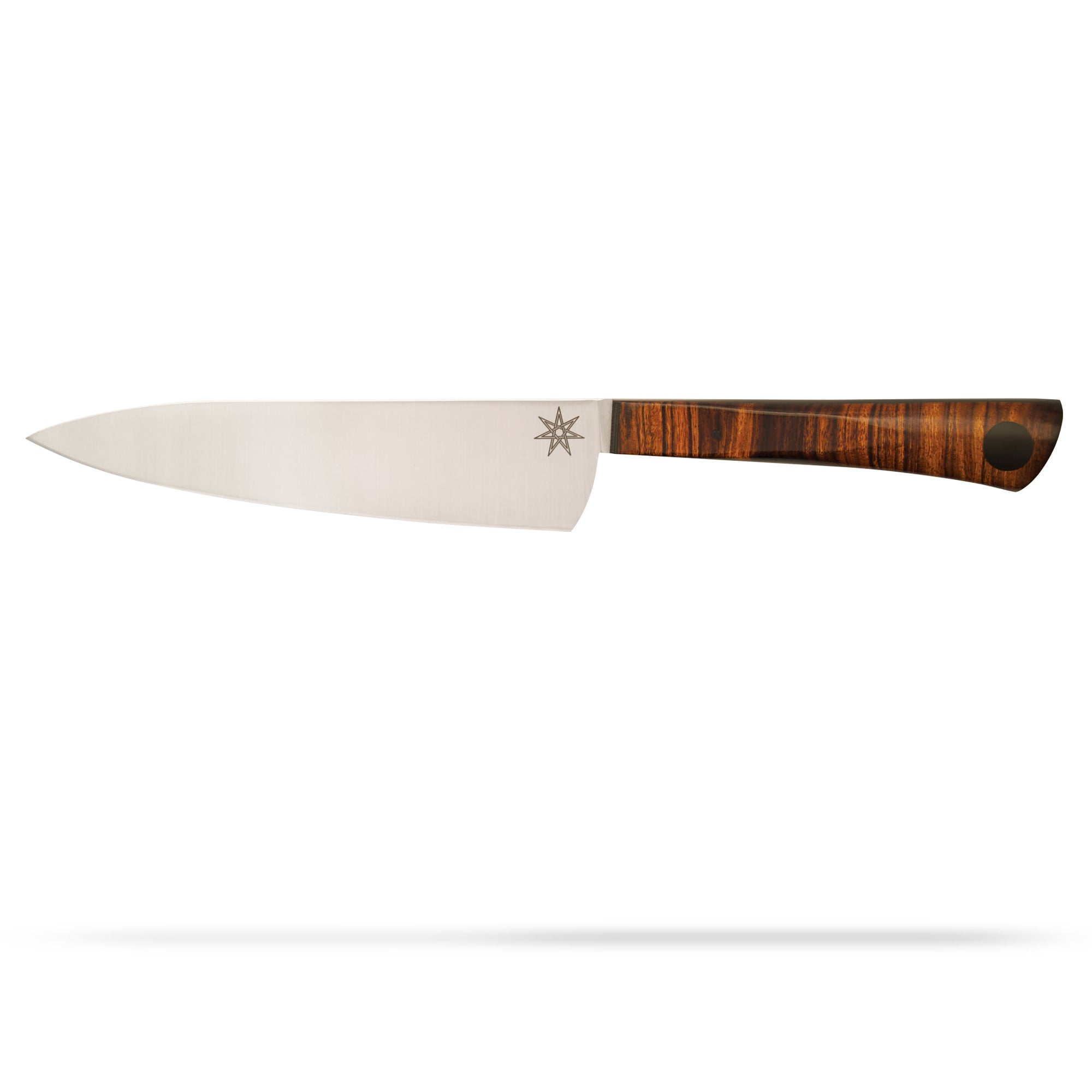 Kitchen utility knife with a brown wooden ironwood handle on a white background