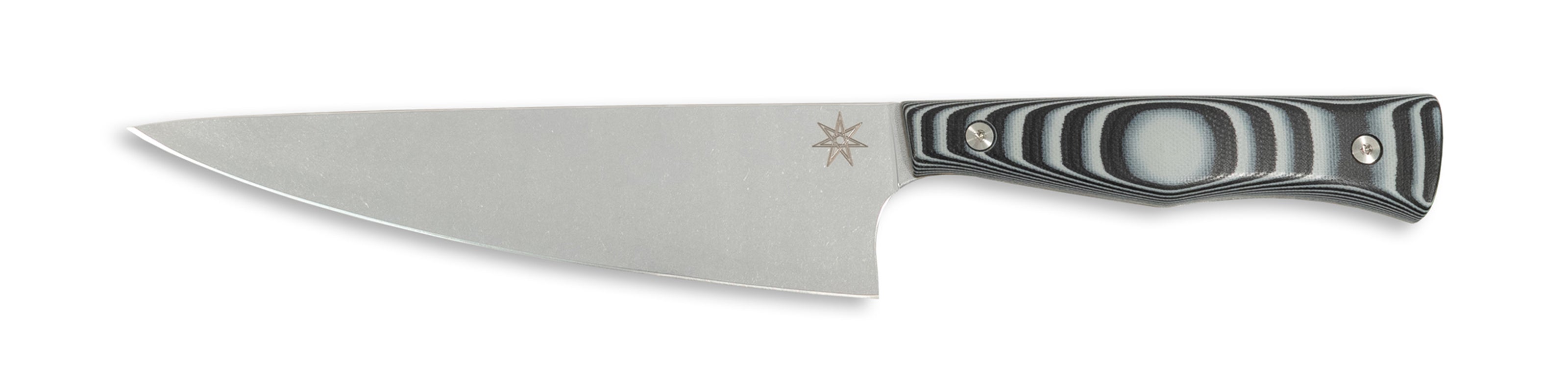 Town Cutler Culinary 2.0 7" chef knife with black and gray layered g-10 handle and stainless steel blade.