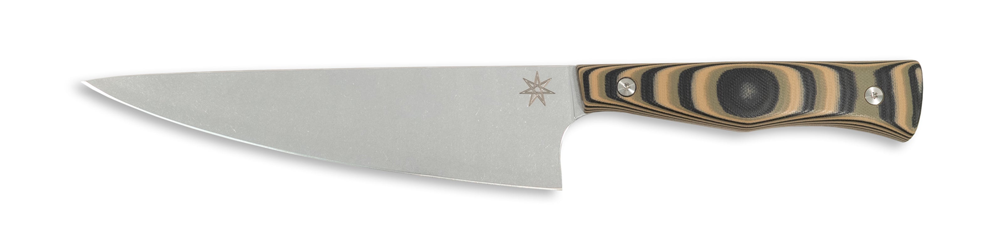 Town Cutler Culinary 2.0 7" chef knife with black, green, and tan layered g-10 handle and stainless steel blade.