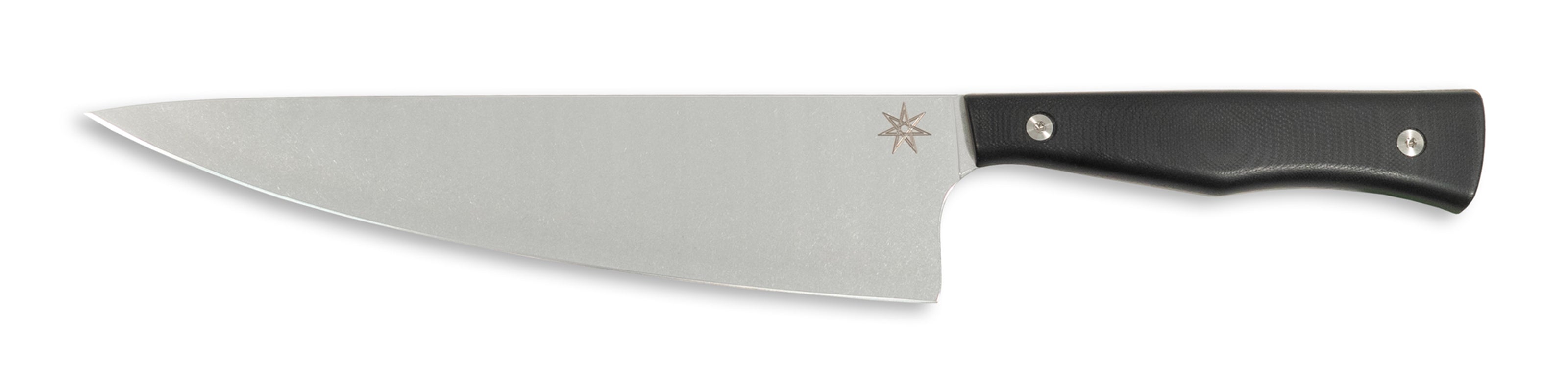 Town Cutler Culinary 2.0 8.5" chef knife with black g-10 handle and stainless steel blade.