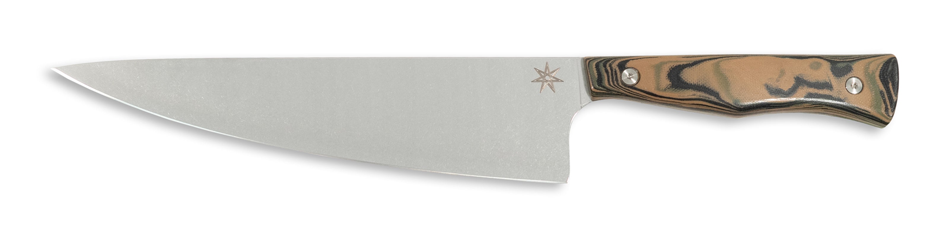 Town Cutler Culinary 2.0 8.5" chef knife with black, green, and tan burl g-10 handle and stainless steel blade.