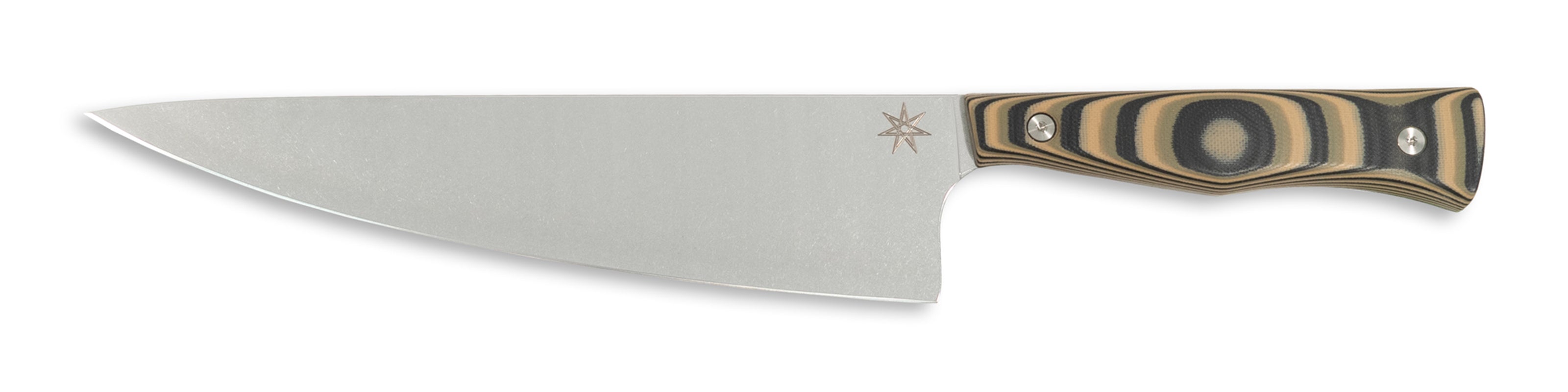 Town Cutler Culinary 2.0 8.5" chef knife with black, green, and tan layered g-10 handle and stainless steel blade.