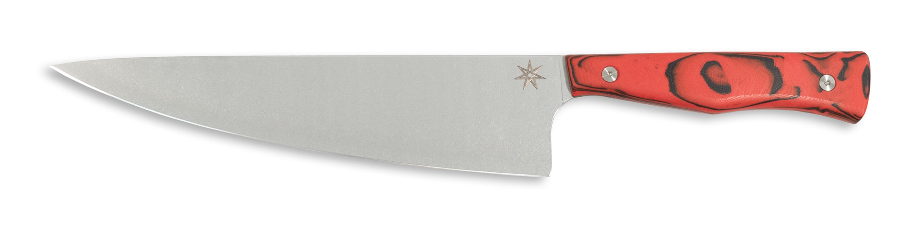 Town Cutler Culinary 2.0 8.5" chef knife with red and black burl g-10 handle and stainless steel blade.