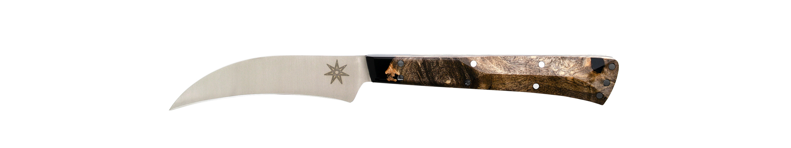 Stainless steel Desert Dawn Kitchen Bird's Beak Knife with buckeye burl and black resin handle by Town Cutler.