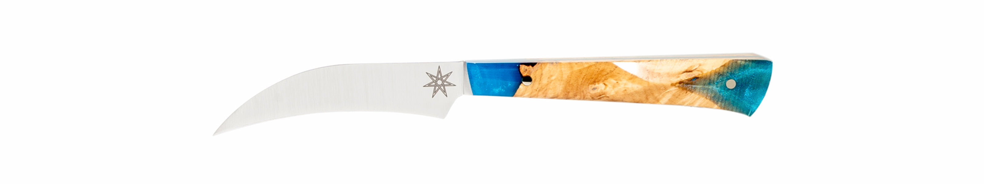 Stainless steel bird's beak knife with a blue resin and wood handle on a white background.