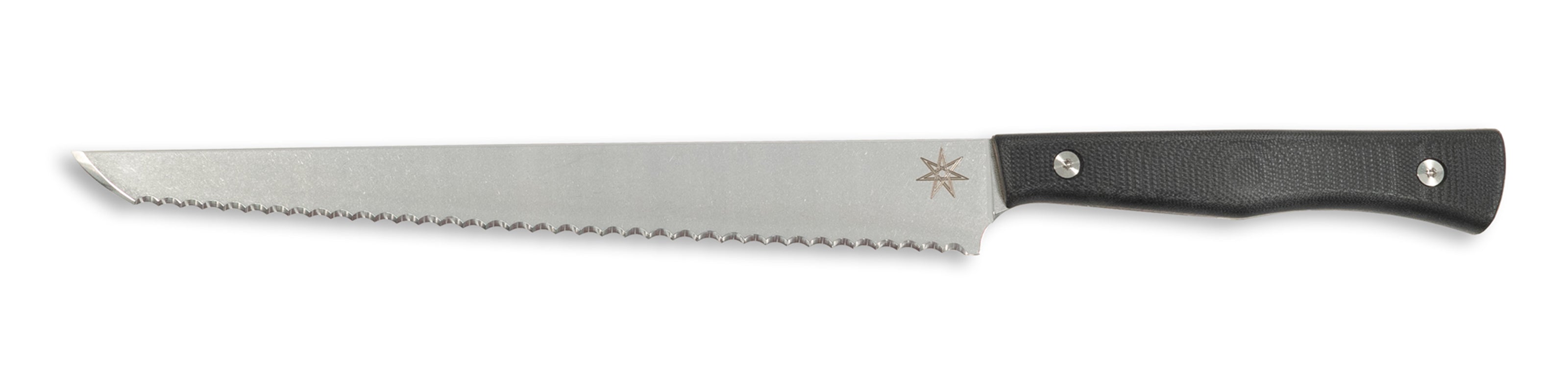 Town Cutler Culinary 2.0 bread knife with black g-10 handle and stainless steel blade.