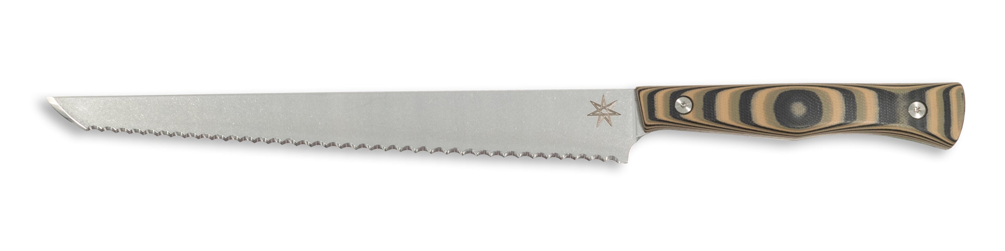 Town Cutler Culinary 2.0 bread knife with black, green, and tan layered g-10 handle and stainless steel blade.