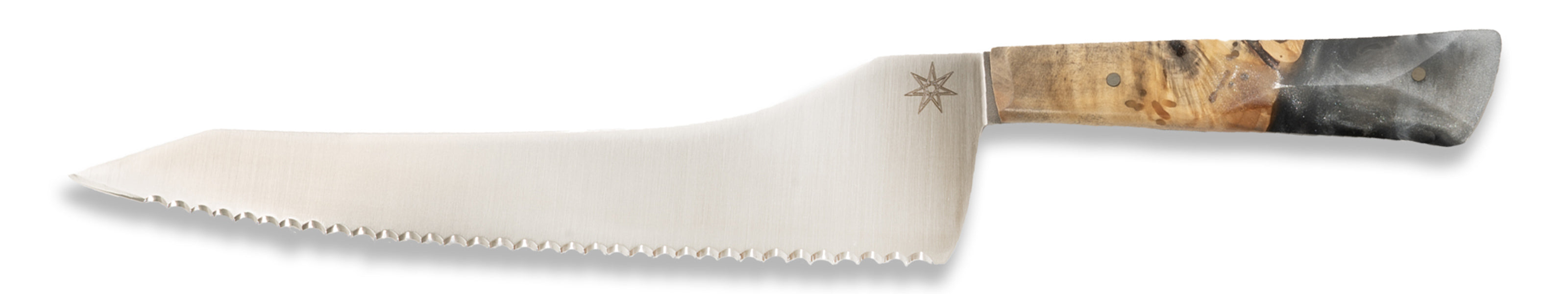 A bread knife with a silver gray resin and wood handle on a white background.
