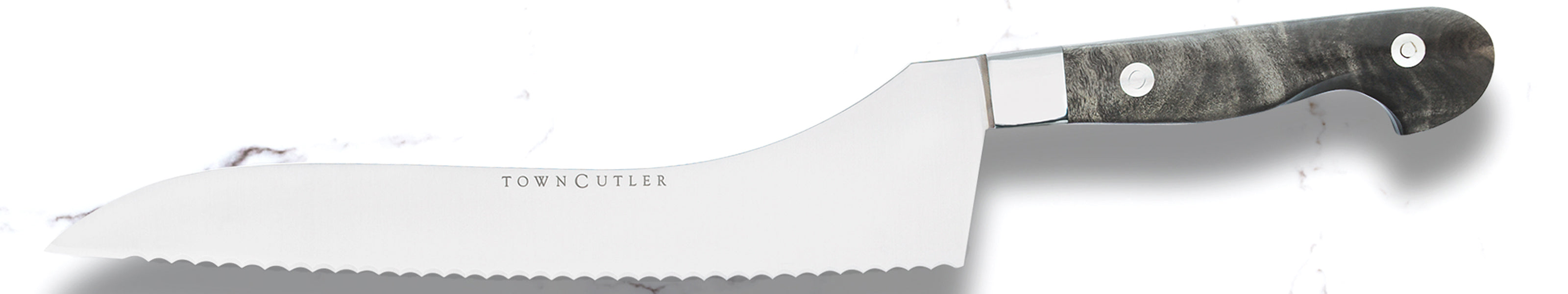 Classic kitchen bread knife from Town Cutler with stainless steel blade and buckeye burl handle.