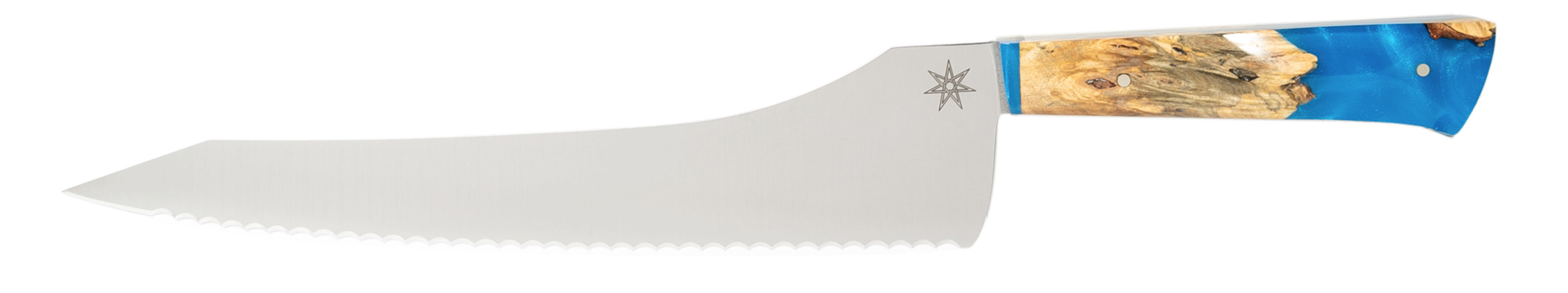 Stainless steel chef knife with a blue resin and wood handle on a white background.