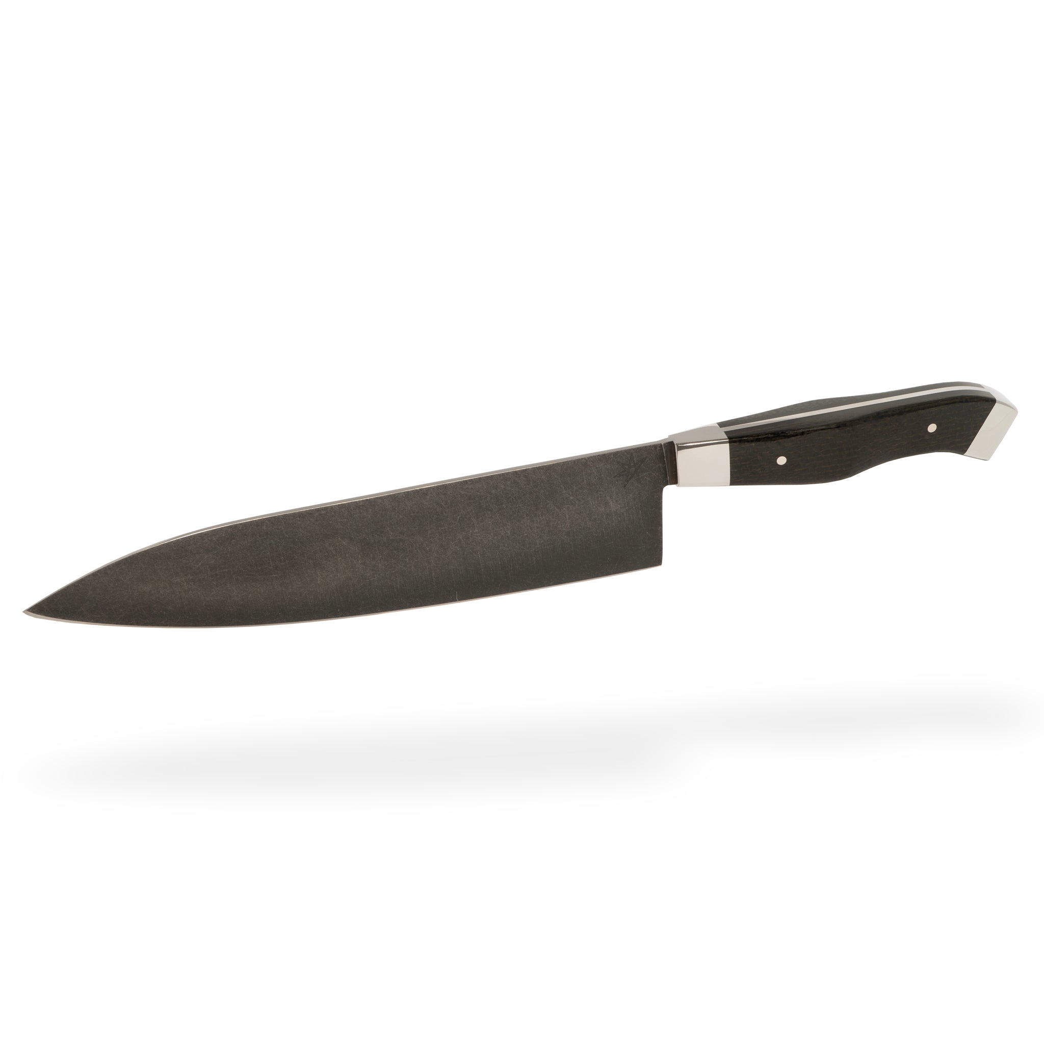 Detail photo of 10" Carbon Steel Chef Knife with Stonewash Finish Blade, Black Burlap Micarta Handle, Stainless Steel Bolster and Pommel by Town Cutler
