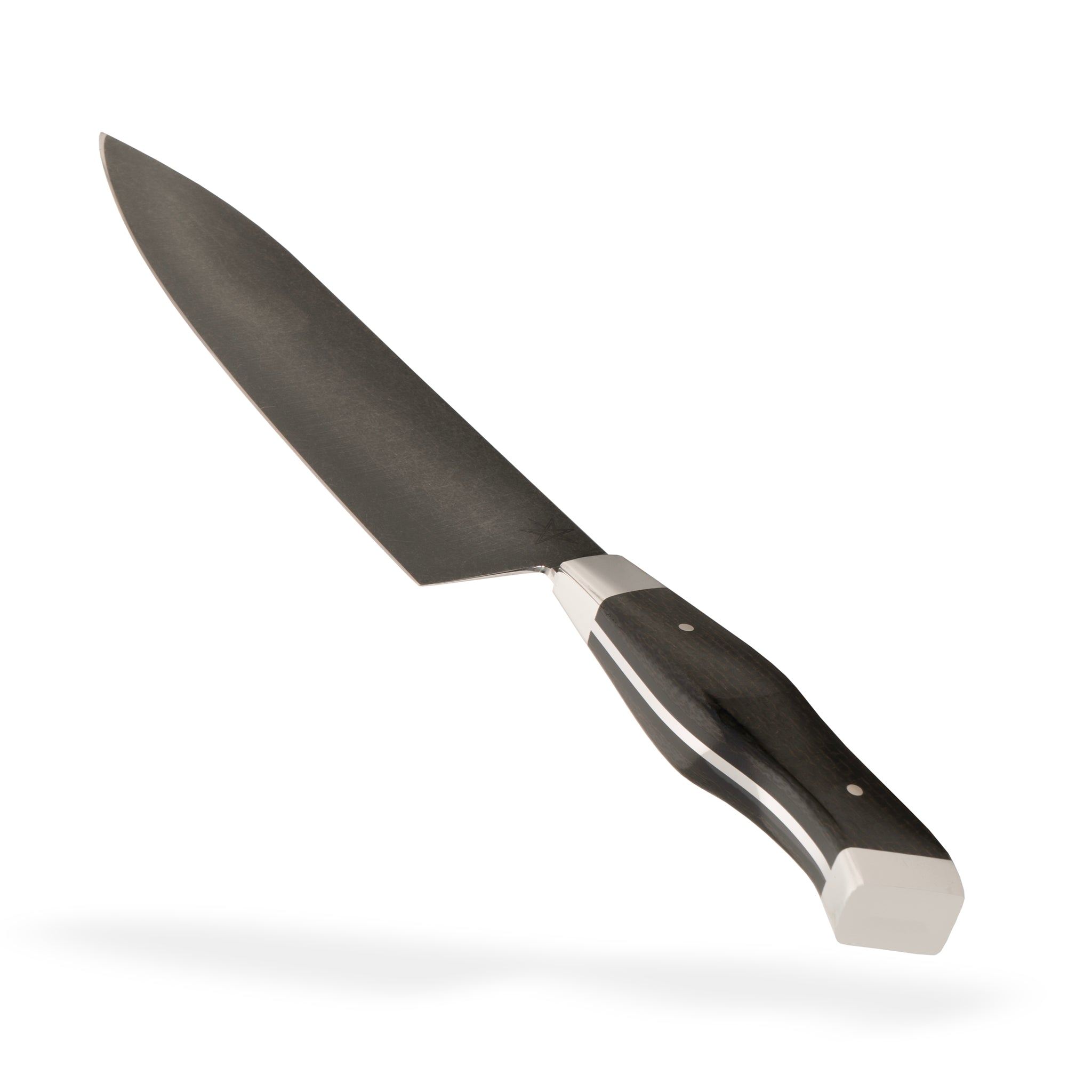 Detail photo of 8.5" Carbon Steel Chef Knife with Stonewash Finish Blade, Black Burlap Micarta Handle, Stainless Steel Bolster and Pommel by Town Cutler
