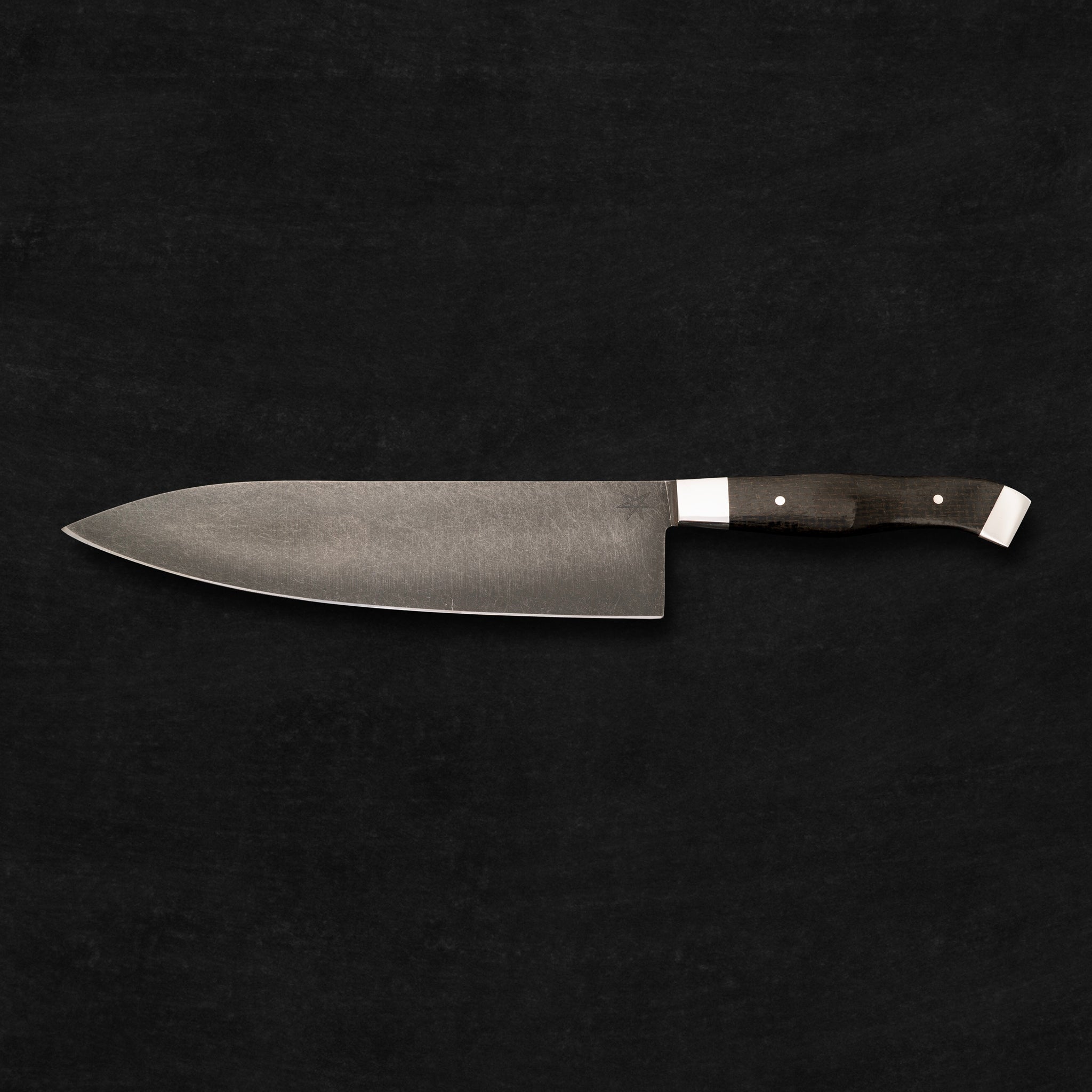 8.5" Carbon Steel Chef Knife with Stonewash Finished Blade, Black Burlap Micarta Handle, Stainless Steel Bolster and Pommel by Town Cutler
