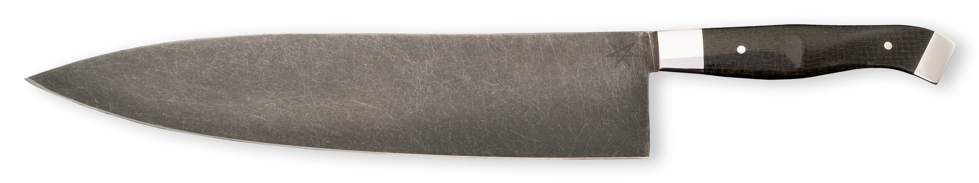 10" Carbon Steel Chef Knife with Stonewash Finish Blade, Black Burlap Micarta Handle, Stainless Steel Bolster and Pommel by Town Cutler