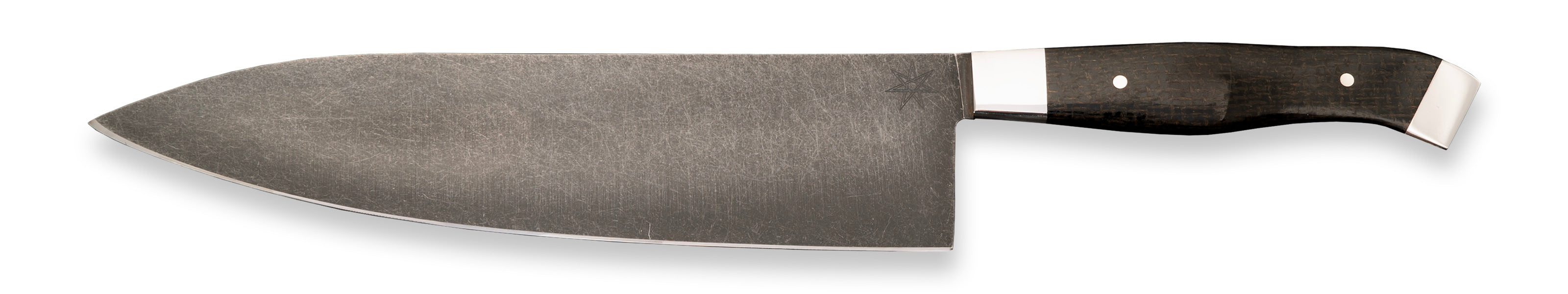 8.5" Carbon Steel Chef Knife with Stonewash Finish Blade, Black Burlap Micarta Handle, Stainless Steel Bolster and Pommel by Town Cutler