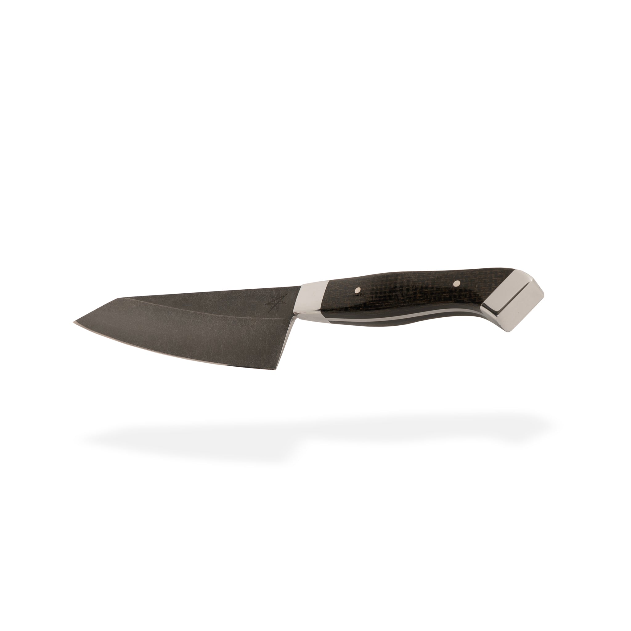Detail photo of 6" Carbon Steel Honesuki Butcher Knife with Stonewash Finish Blade, Black Burlap Micarta Handle, Stainless Steel Bolster and Pommel by Town Cutler