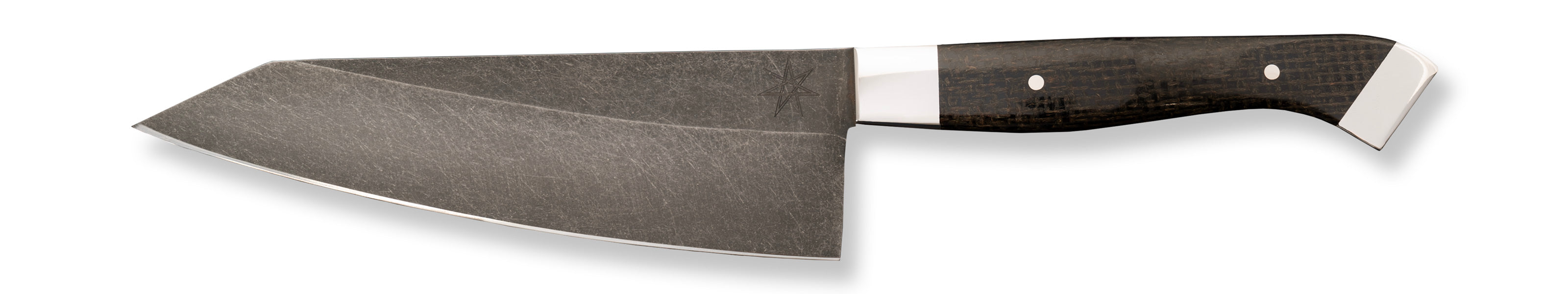 6" Carbon Steel Honesuki Butcher Knife with Stonewash Finish Blade, Black Burlap Micarta Handle, Stainless Steel Bolster and Pommel by Town Cutler