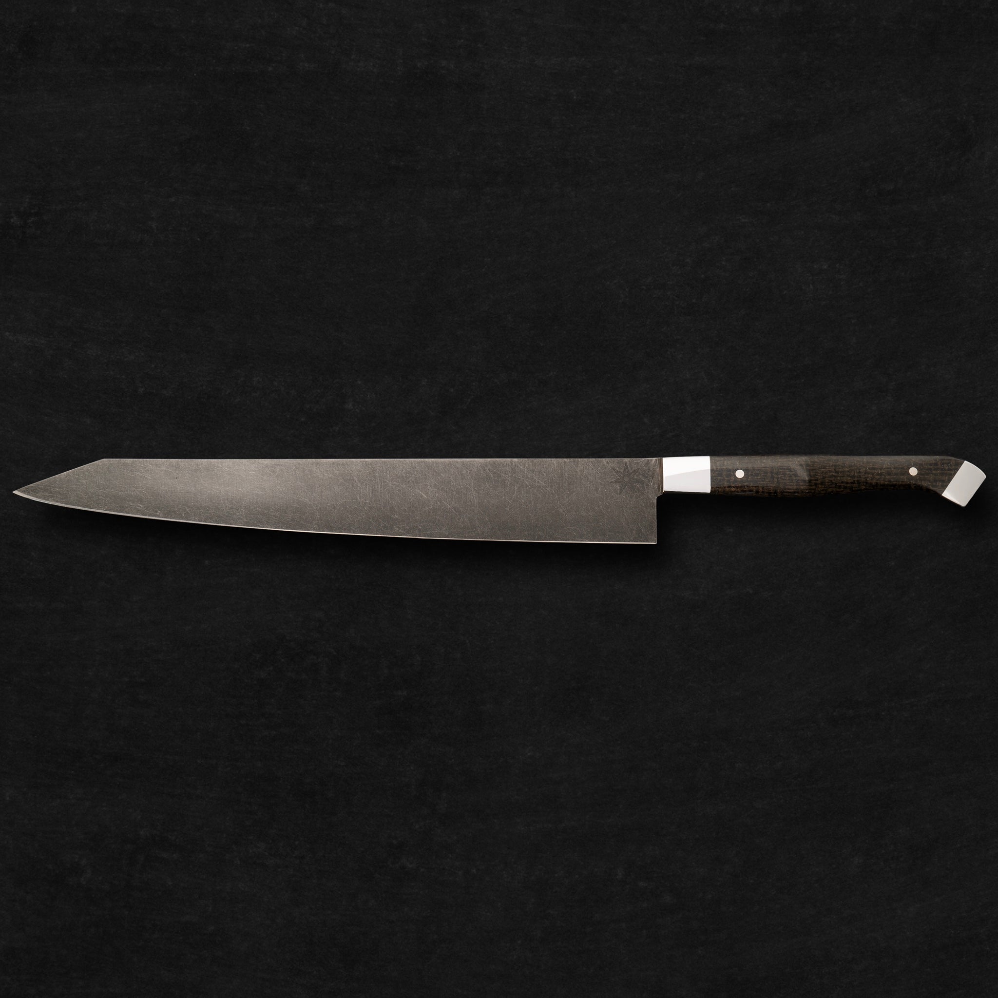 10" Carbon Steel Slicer Carving Knife with Stonewash Finish Blade, Black Burlap Micarta Handle, Stainless Steel Bolster and Pommel by Town Cutler