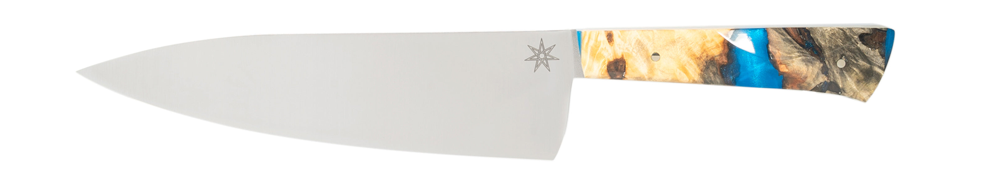 Stainless steel chef knife with a blue resin and wood handle on a white background.
