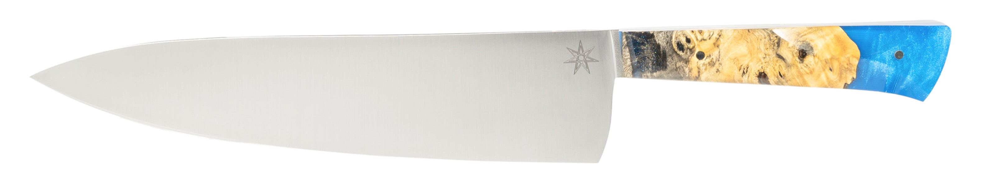 Stainless steel chef knife with a blue resin and wood handle on a white background.